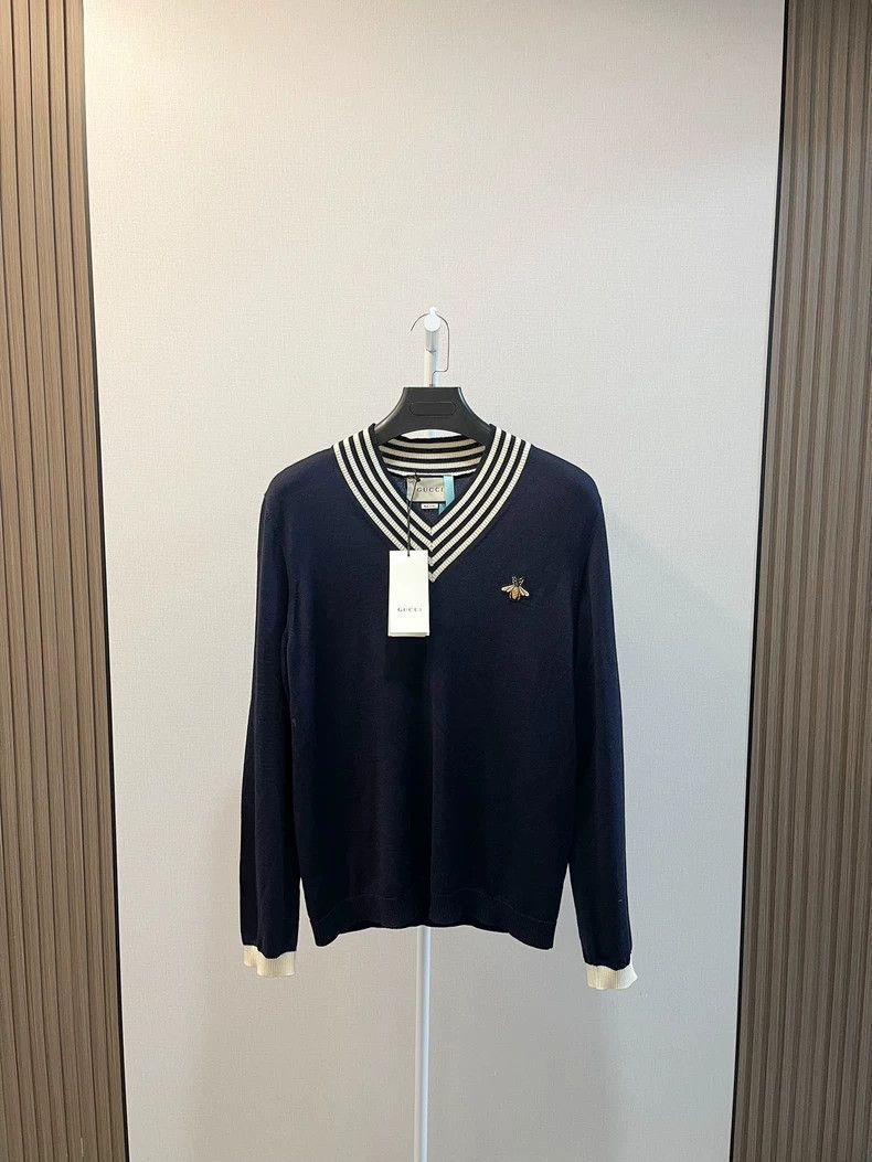 Gucci Blue and white striped embroidered little bee wool lo