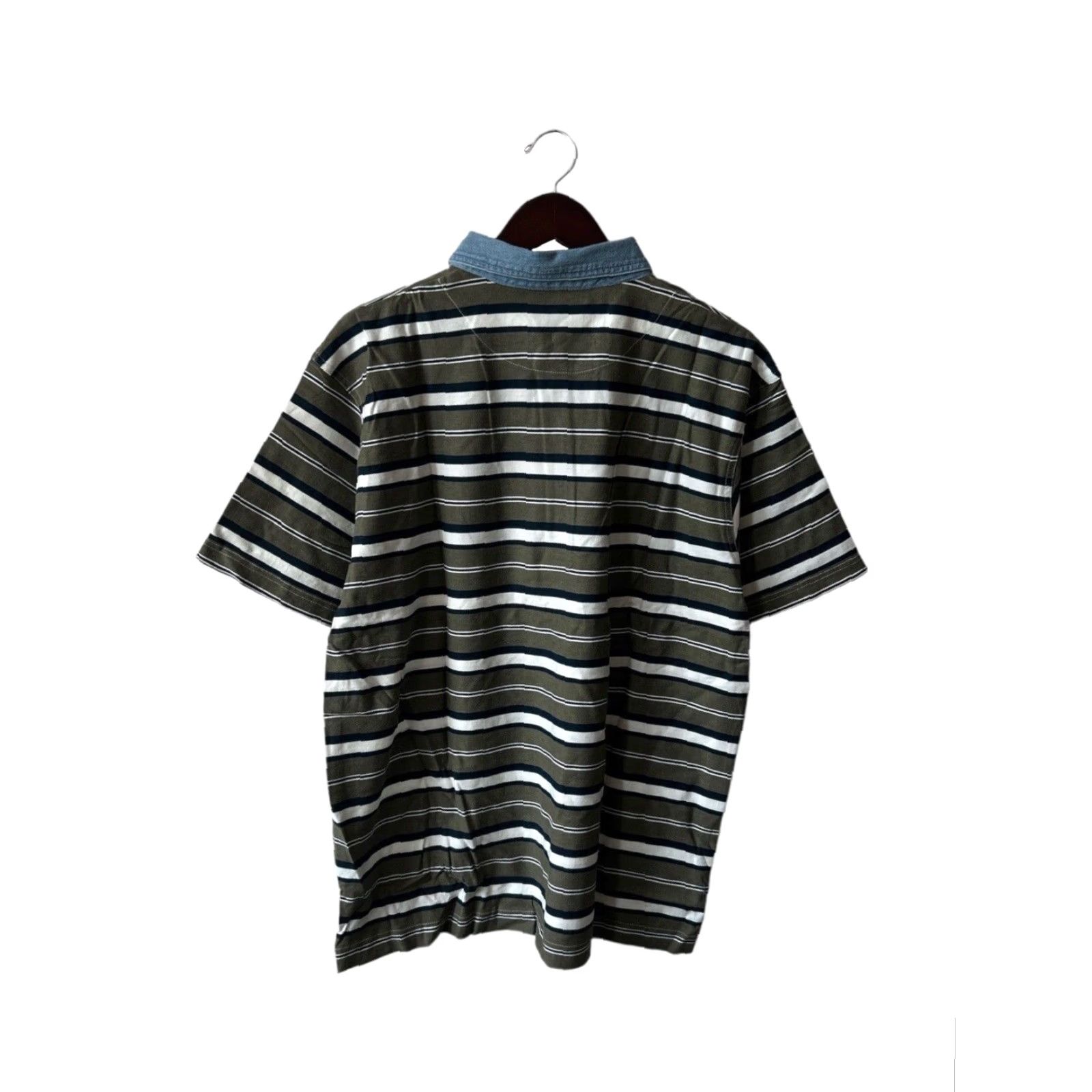 Guess VINTAGE GUESS POLO Shirt Mens XL Deadstock NWT 90s NOS Striped Olive Green Navy Blue White Embroidered Chest Logo Denim Collar Short Sleeve Size US XL / EU 56 / 4 - 8 Thumbnail