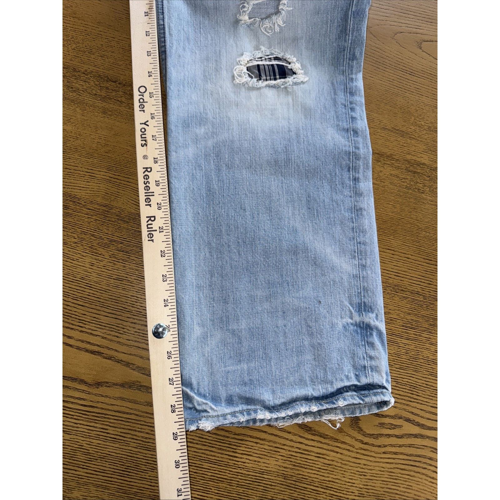 American Eagle Outfitters AE dated 2009 Men’s Distressed Plaid Patched Jeans 32x29 EUC Size US 32 / EU 48 - 7 Thumbnail