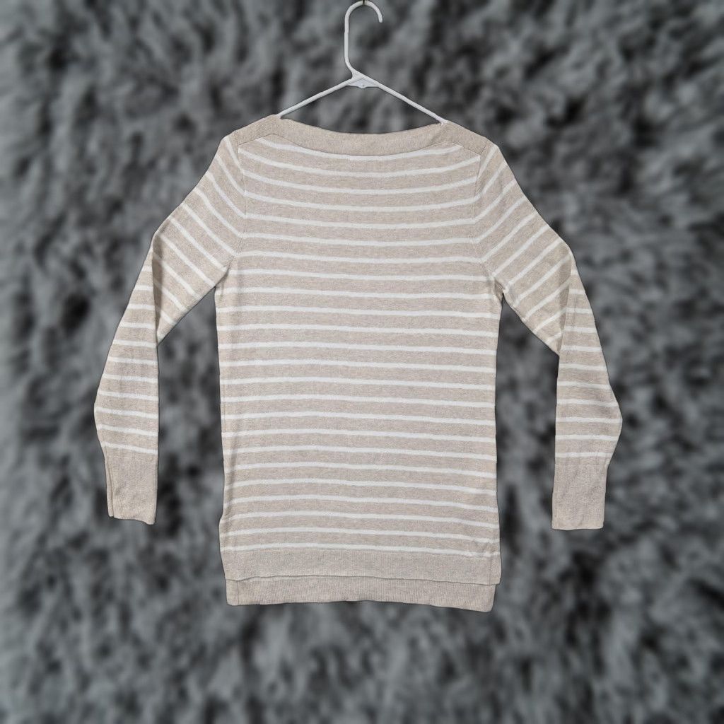 J.Crew J.Crew Sweater Shirt Beige White Striped Boat Neck Long Sleeve 100% Cotton Regular Fit Womens S Pullover Casual Spring Size S / US 4 / IT 40 - 1 Thumbnail