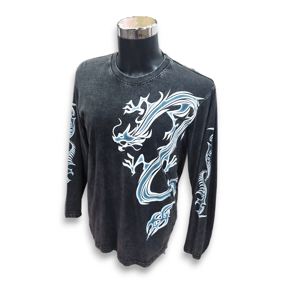 image of Kimono Japan Dragon Vintage Cross Keys Japanese Dragon Sukajan T-Shirt in Faded Black (Size Medium)