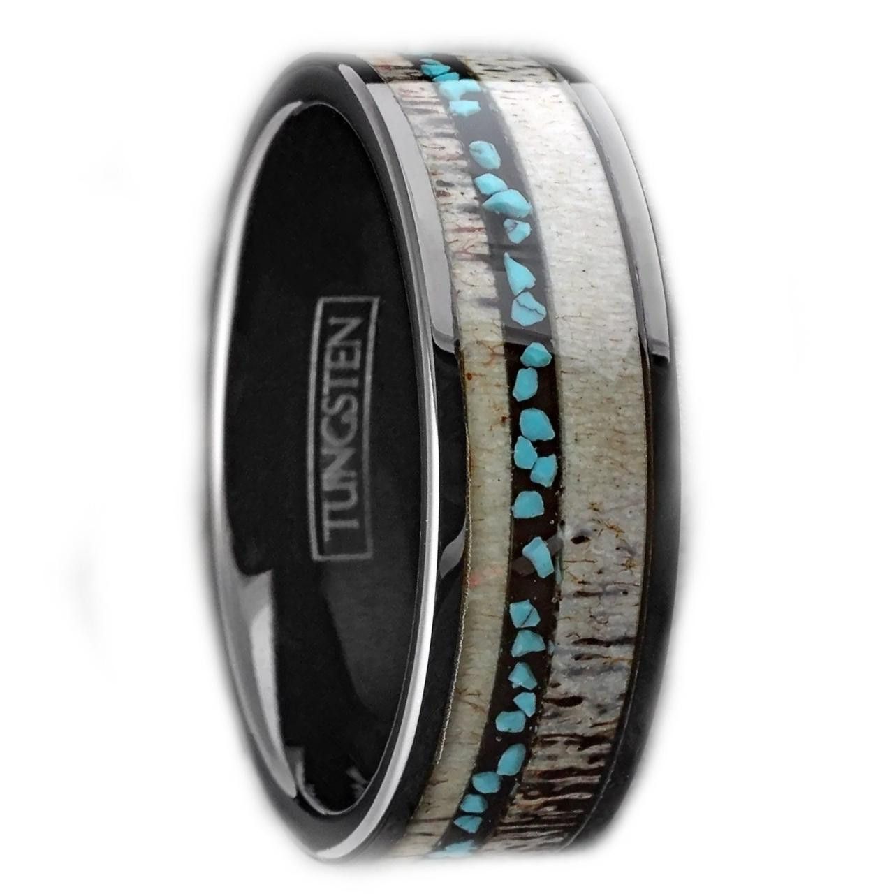 Other Black Tungsten Band Ring Deer Antler & Turquoise Size ONE SIZE - 2 Thumbnail