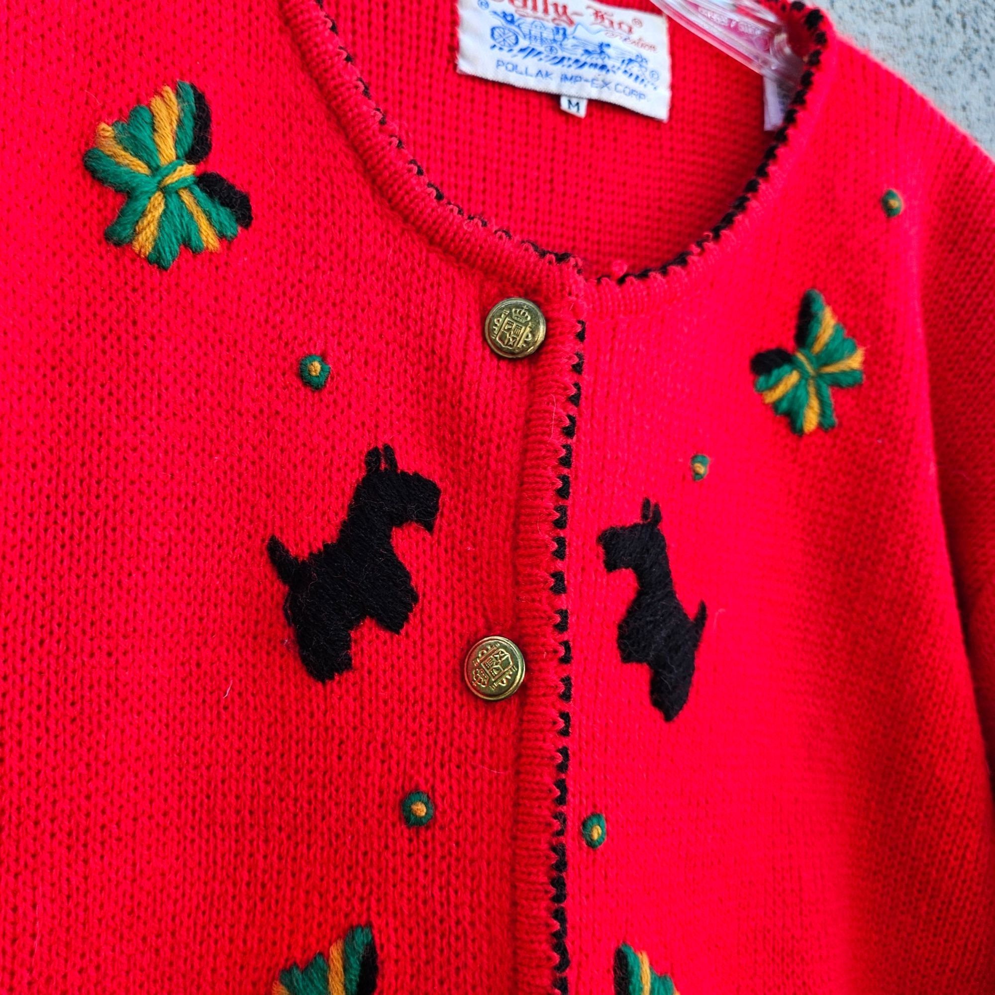 Vintage 80s Scottie Dog Cardigan Red Embroidered Knit Vintage Novelt Size M / US 6-8 / IT 42-44 - 14 Thumbnail