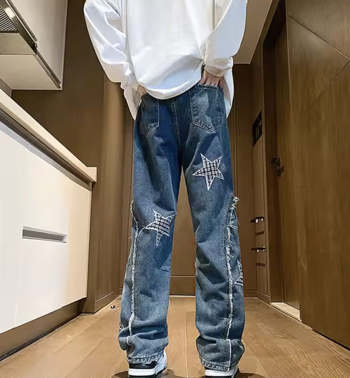 Jean Distressed Star Patchwork Denim – Raw Edge Deconstructed Size US 34 / EU 50 - 3 Thumbnail