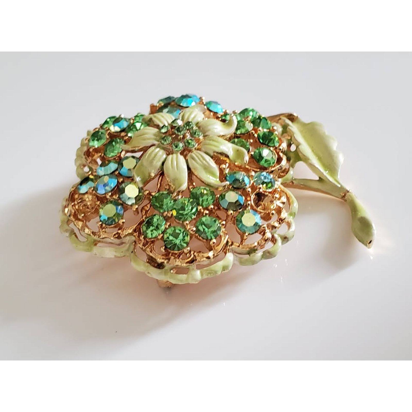 Other Vintage Sage Green Enamel and Rhinestone Flower Brooch Size ONE SIZE - 4 Thumbnail