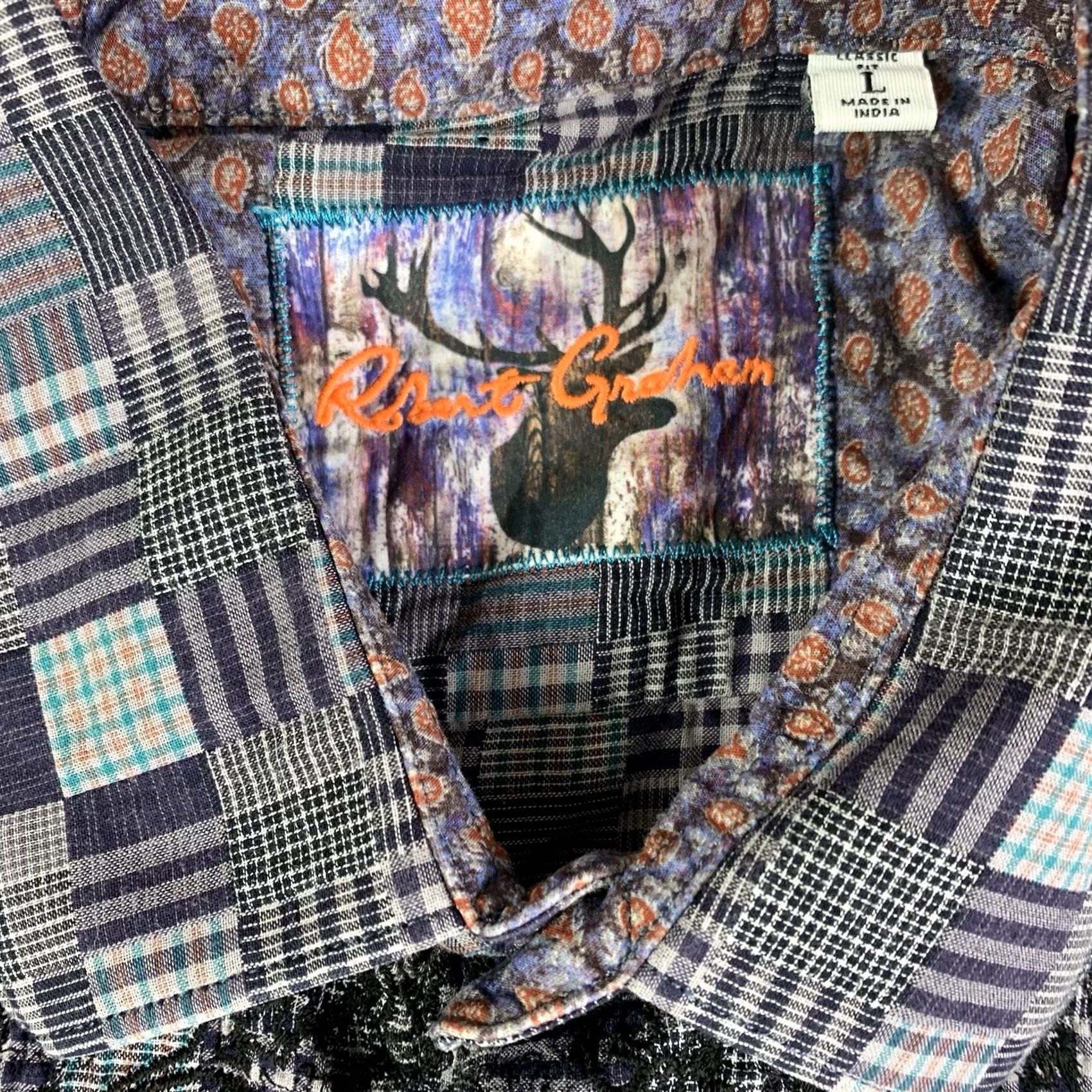 Robert Graham Robert Graham Shirt Men Large Gray Patchwork Button-Up Long Sleeve Cotton Plaid Paisley Flip Cuff Classic Fit Size US L / EU 52-54 / 3 - 4 Thumbnail