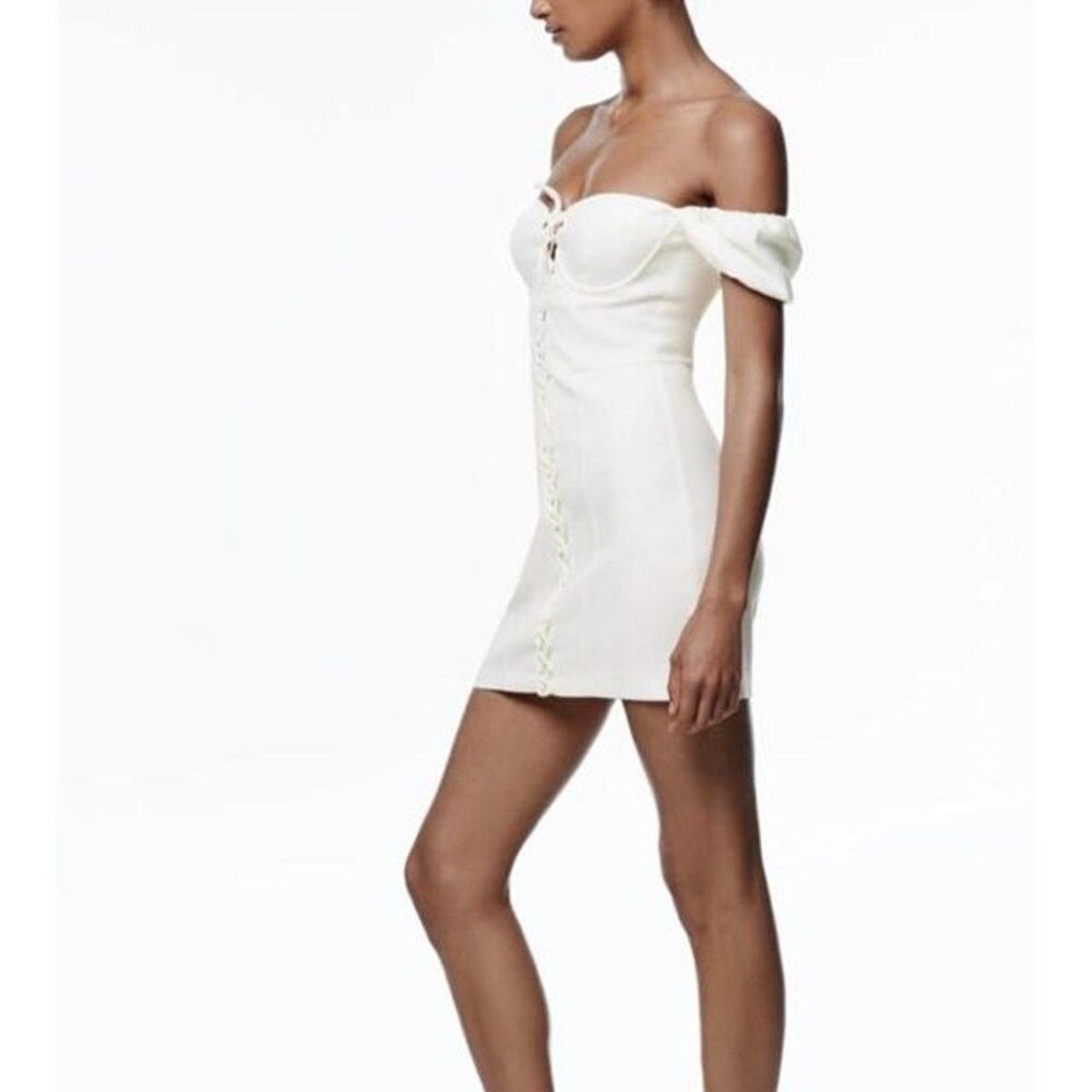 Zara ZARA Off The Shoulder Puff Sleeves Mini Dress With Detail L Size L / US 10 / IT 46 - 4 Thumbnail