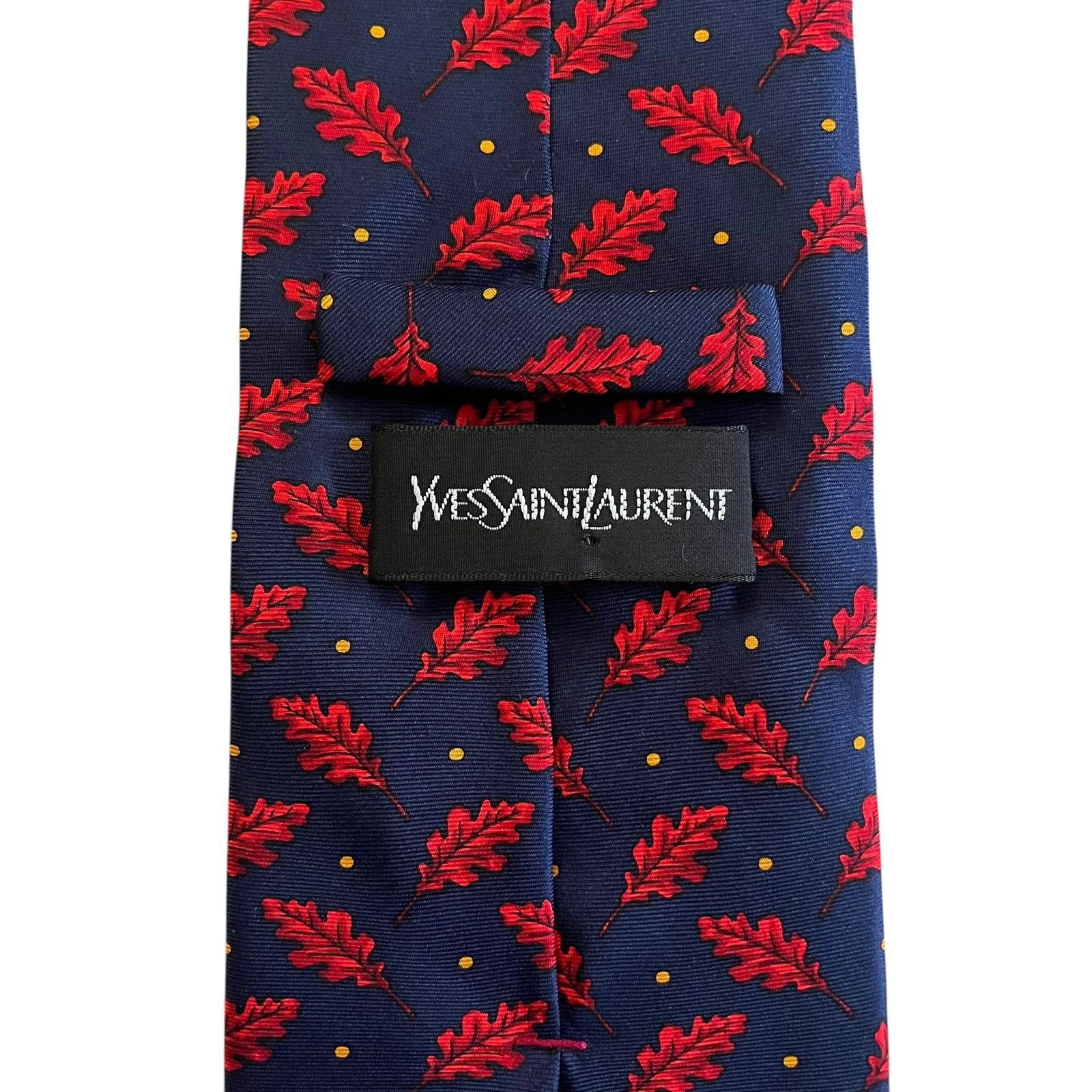 Yves Saint Laurent Yves Saint Laurent YSL Navy Blue Red Leaf Print Silk Tie Size ONE SIZE - 4 Thumbnail