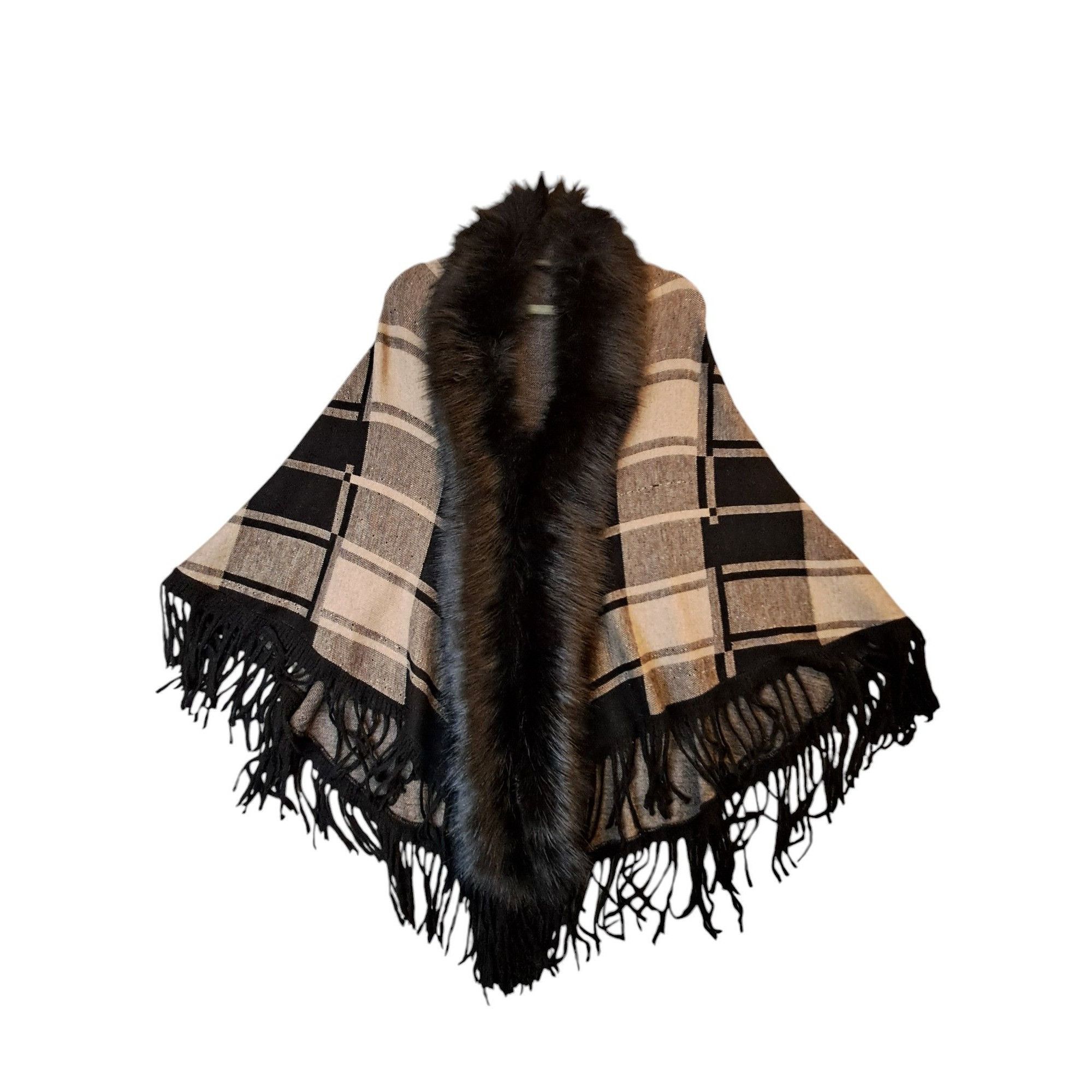 Other Shawl Black Tan Plaid Faux Fur Trimmed Fringe Wrap Size ONE SIZE - 1 Thumbnail