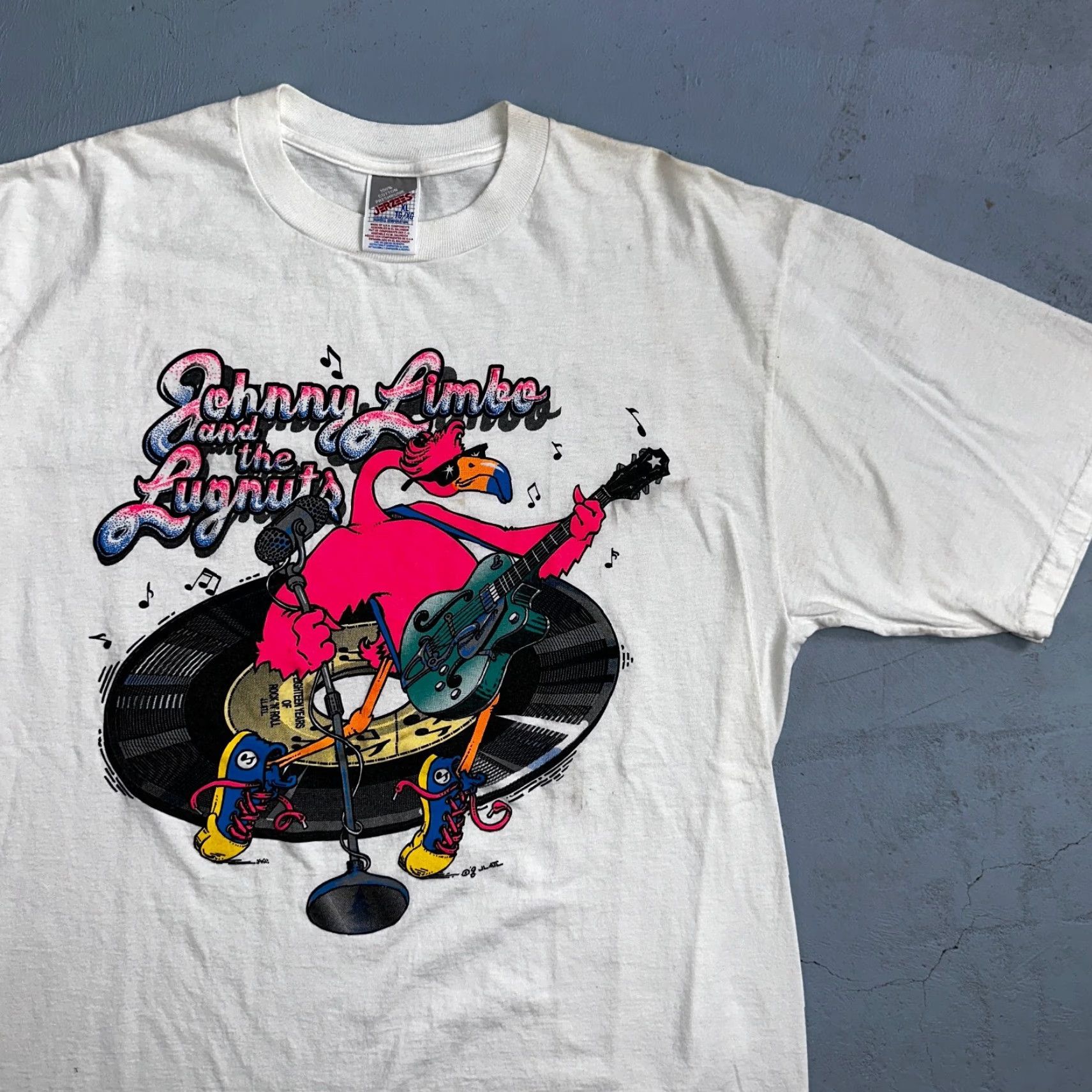 Jerzees VINTAGE Johnny Limbo SIGNED VTG T Shirt 90s Music Band Falmingo Funny Guitar Rock Vinyl Mens XL White Jerzees Graphic Print 70s 80s 90s Shirt Size US XL / EU 56 / 4 - 2 Thumbnail