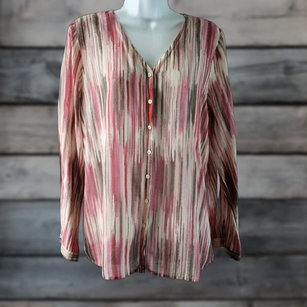 J. Jill J Jill Womens Button Front Shirt Large Pink Color Pink Gray Cotton Silk Blend Semi Sheer Button-Up Long Sleeve V-Neck Womens Shirt J Jill Size L / US 10 / IT 46 - 1 Thumbnail