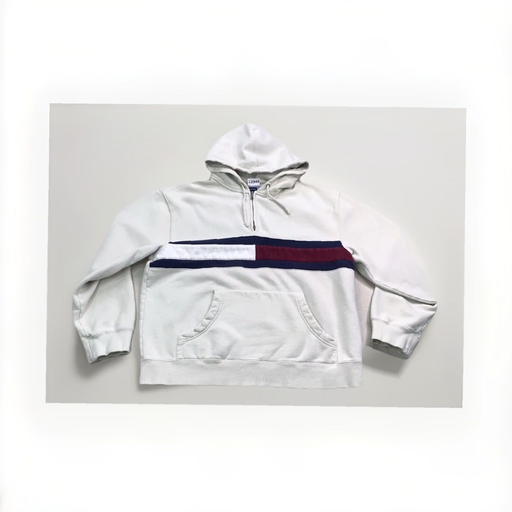 Tommy Hilfiger VINTAGE Tommy Hilfiger Logo Block Quarter Zip Hoodie Mens M Ivory 90s 2000s Y2K Heavyweight Pocket Hooded Pullover Size US M / EU 48-50 / 2 - 3 Thumbnail