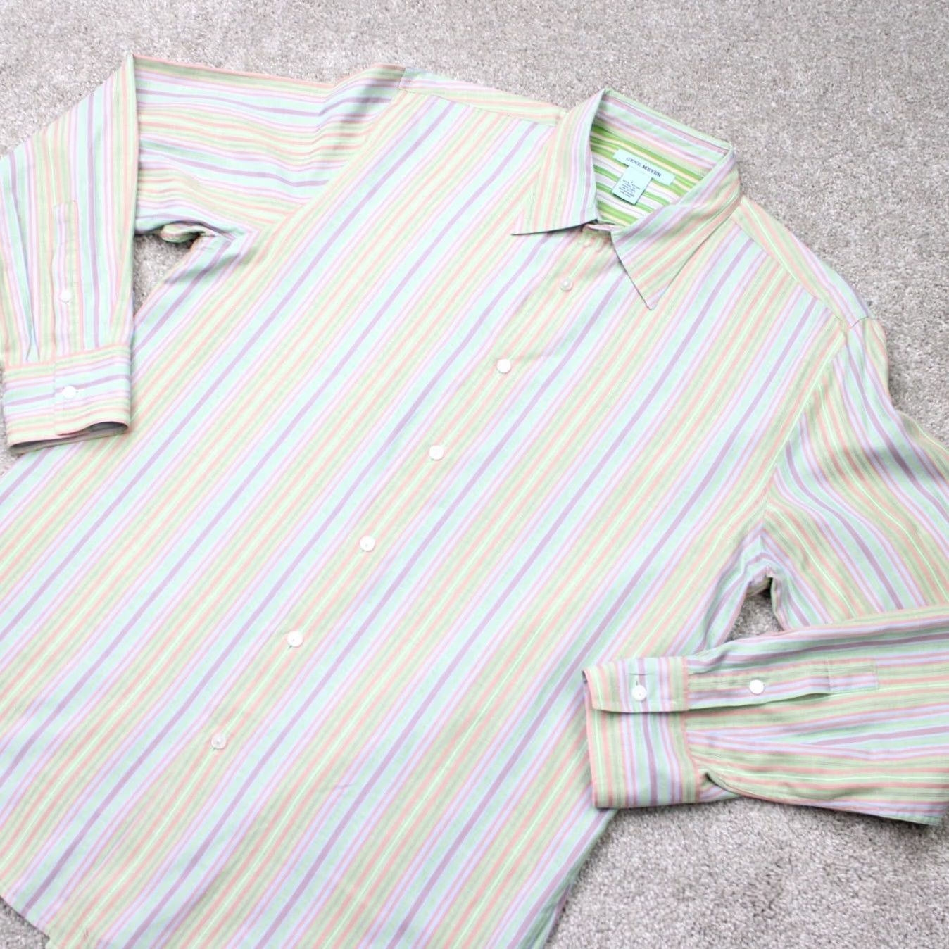 Vintage Gene Meyer Shirt Mens Large Green/Orange/Purple Striped Cotton Button-Up L/S Size US L / EU 52-54 / 3 - 4 Thumbnail