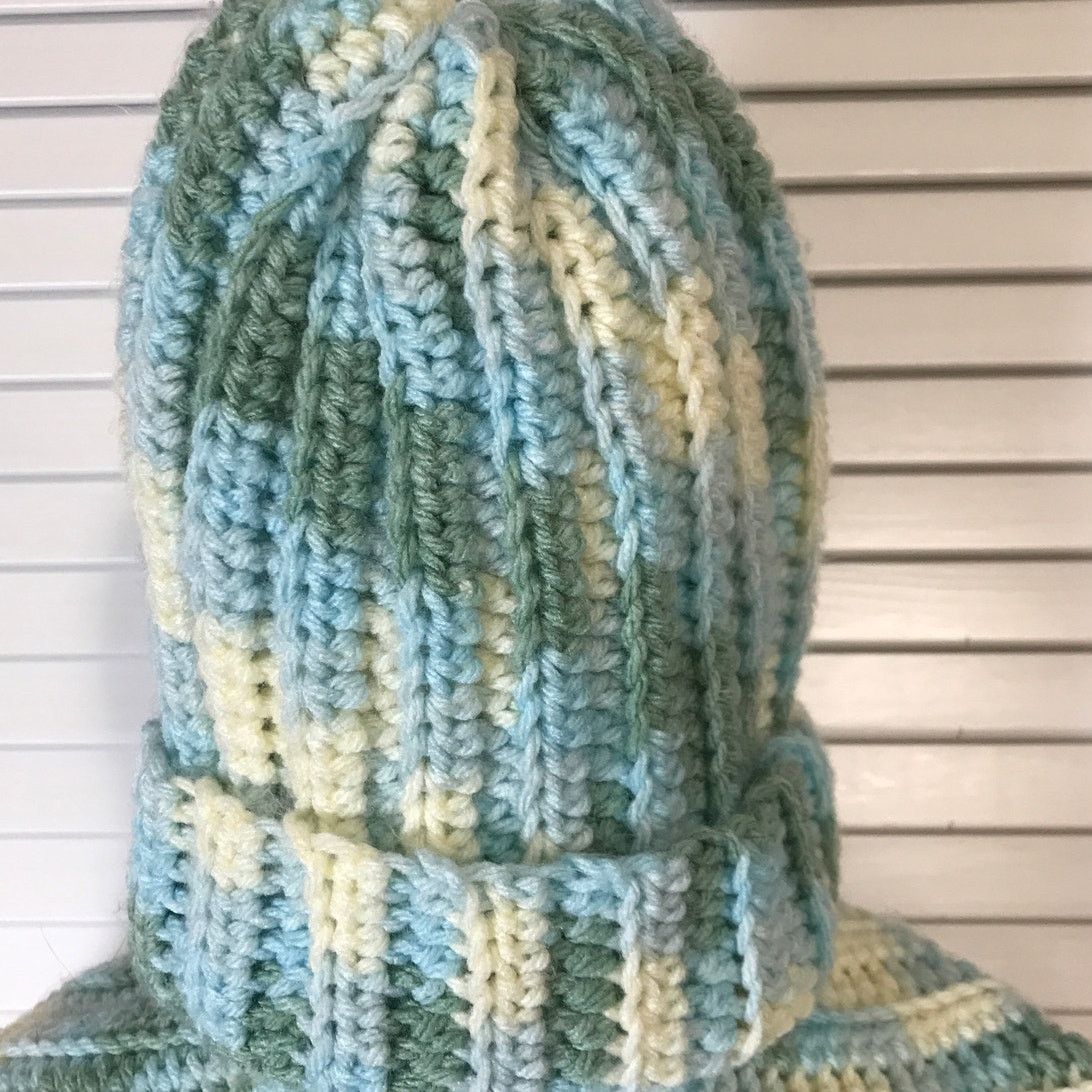 Handmade NWT Handmade Crocheted Blue Cream Green Beanie & Scarf 46” Size ONE SIZE - 3 Thumbnail