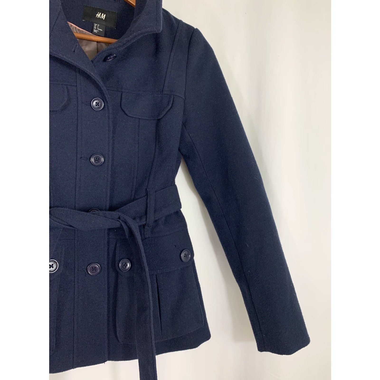 H&M HM Womens Size 4 Navy Blue Belted Button Up Pea Coat Ribbed Winter Jacket Size S / US 4 / IT 40 - 4 Thumbnail