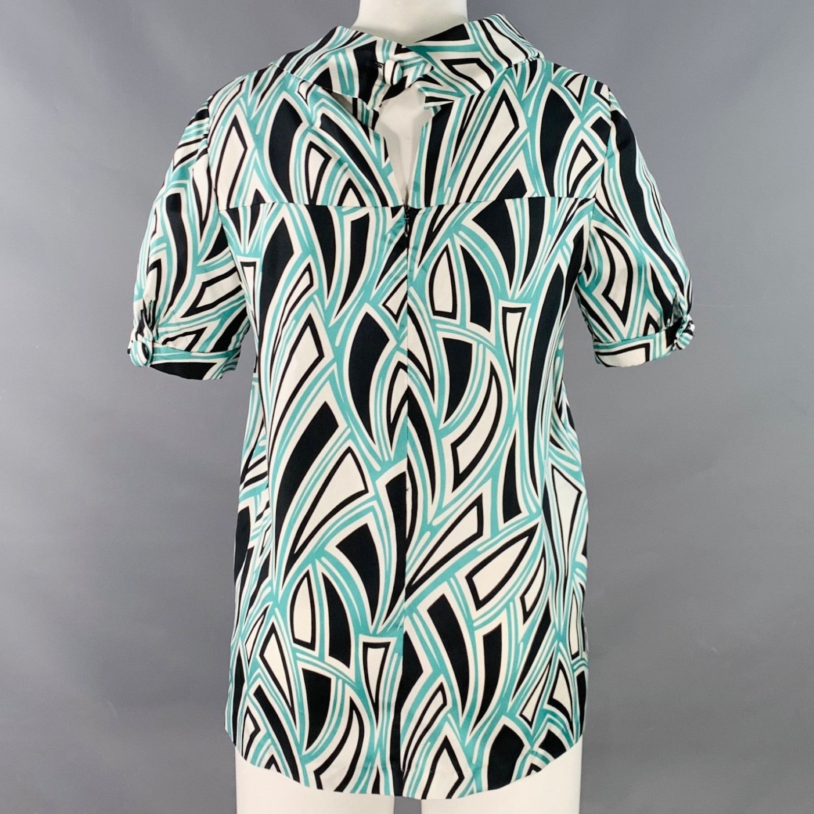 TIBI 6 Green Black White Silk Abstract Cowl Neck Dress Top