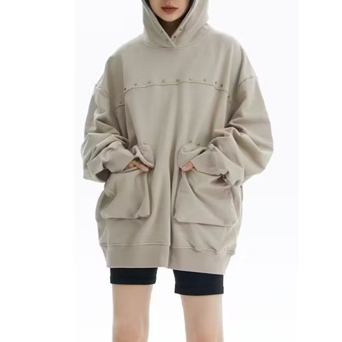 Button Decor Beige Pullover Hoodie