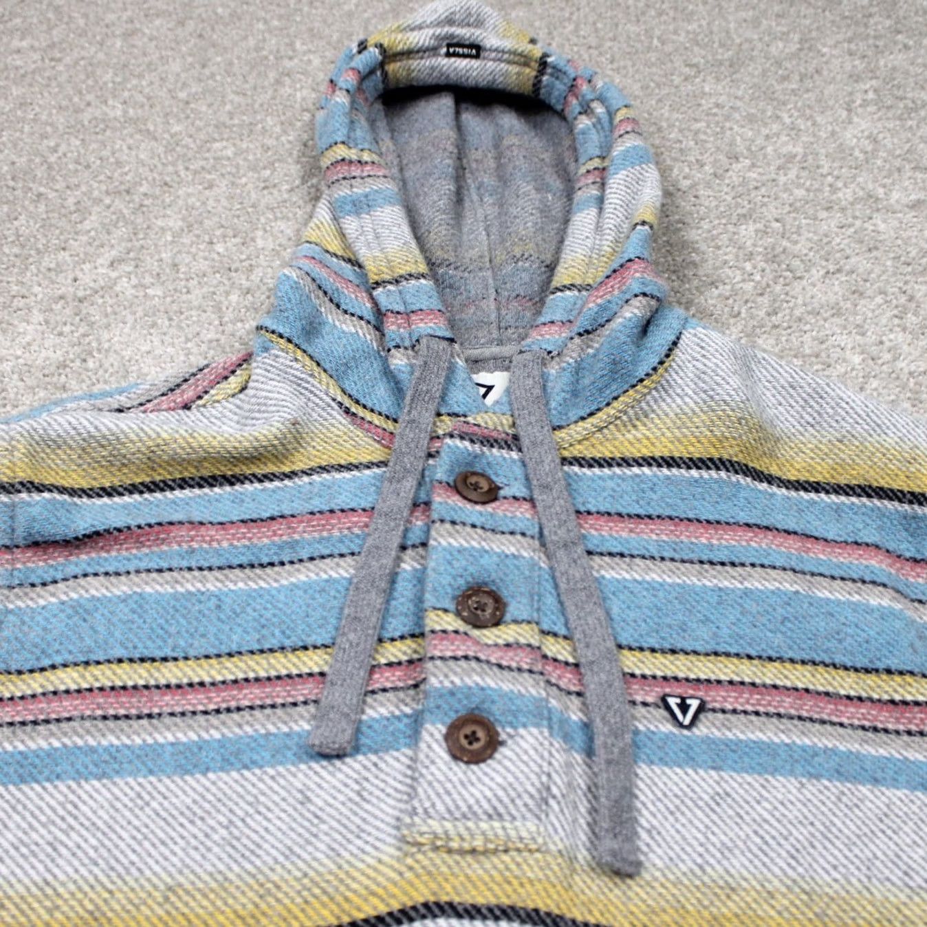 Vissla Vissla Hoodie Mens Medium Gray/Blue/Yellow Henley Hooded Sweatshirt L/S Knit Cotton Pockets Logo Striped Beach Outdoor 90s? Size US M / EU 48-50 / 2 - 4 Thumbnail