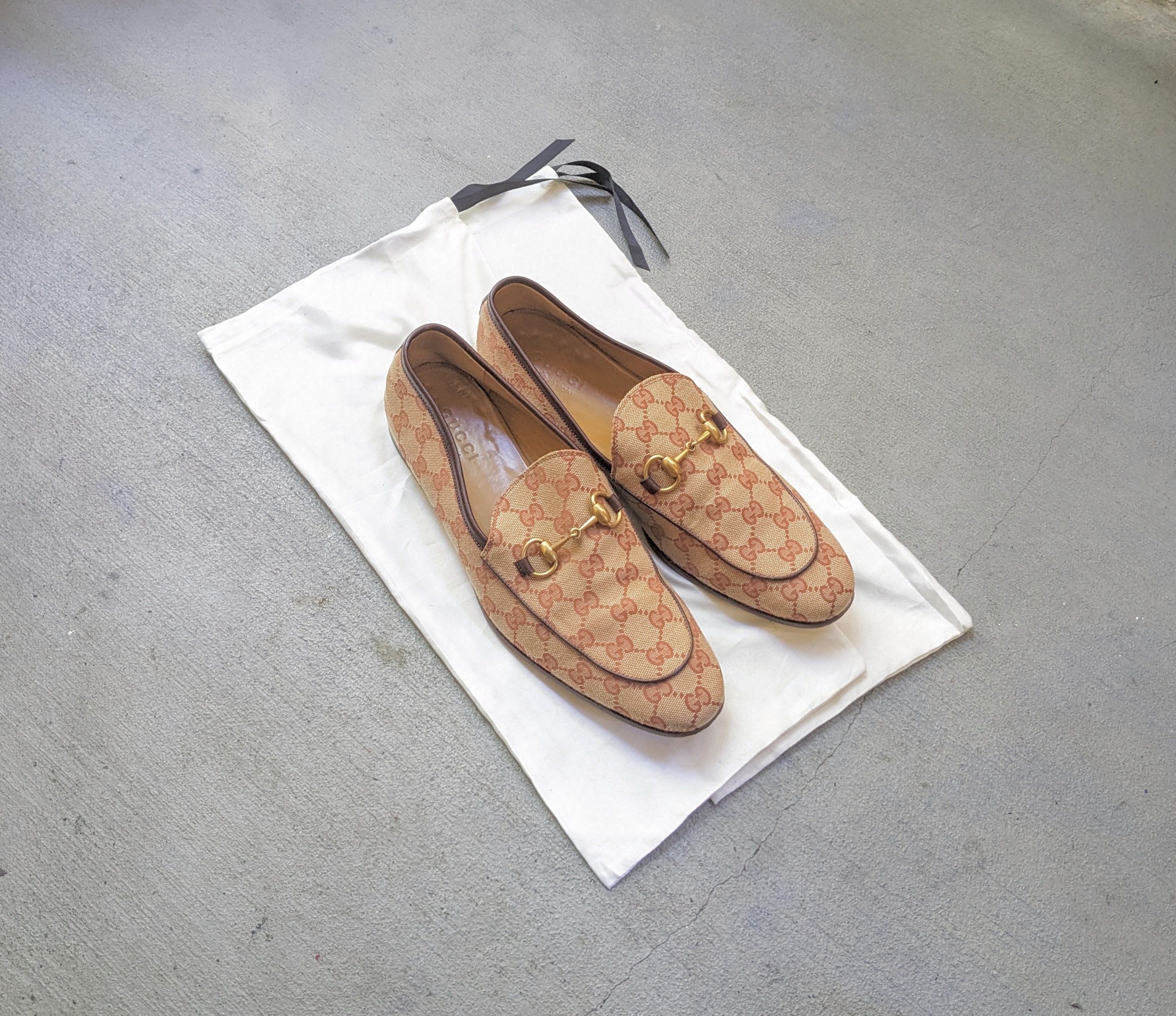 image of Gucci Jordaan Horsebit Loafers Brown Monogram Canvas 9.5 in Brown Tan Gold, Men's