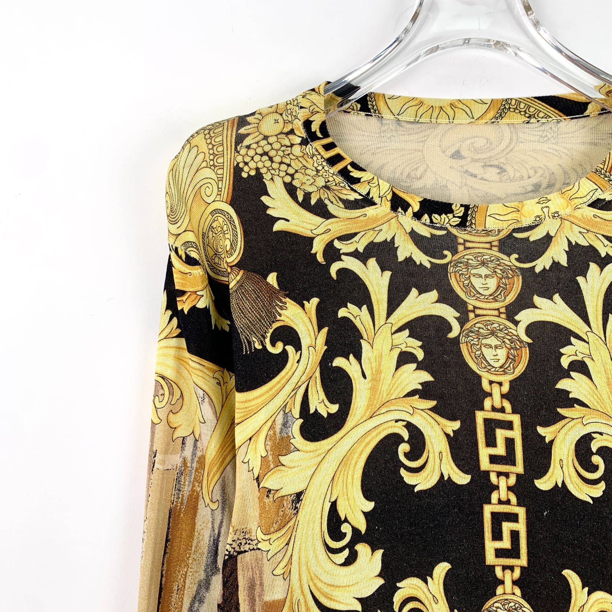 Versace Versace Yellow Classic Baroque Print Silk Round Neck Long-Sl Size XS / US 0-2 / IT 36-38 - 6 Thumbnail