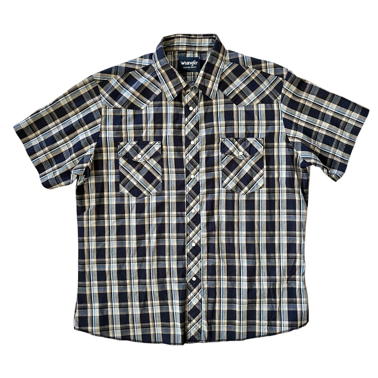 Vintage × Wrangler Vintage Wrangler Western Navy Blue Plaid Short-Sleeve Shirt Size US XL / EU 56 / 4 - 1 Thumbnail