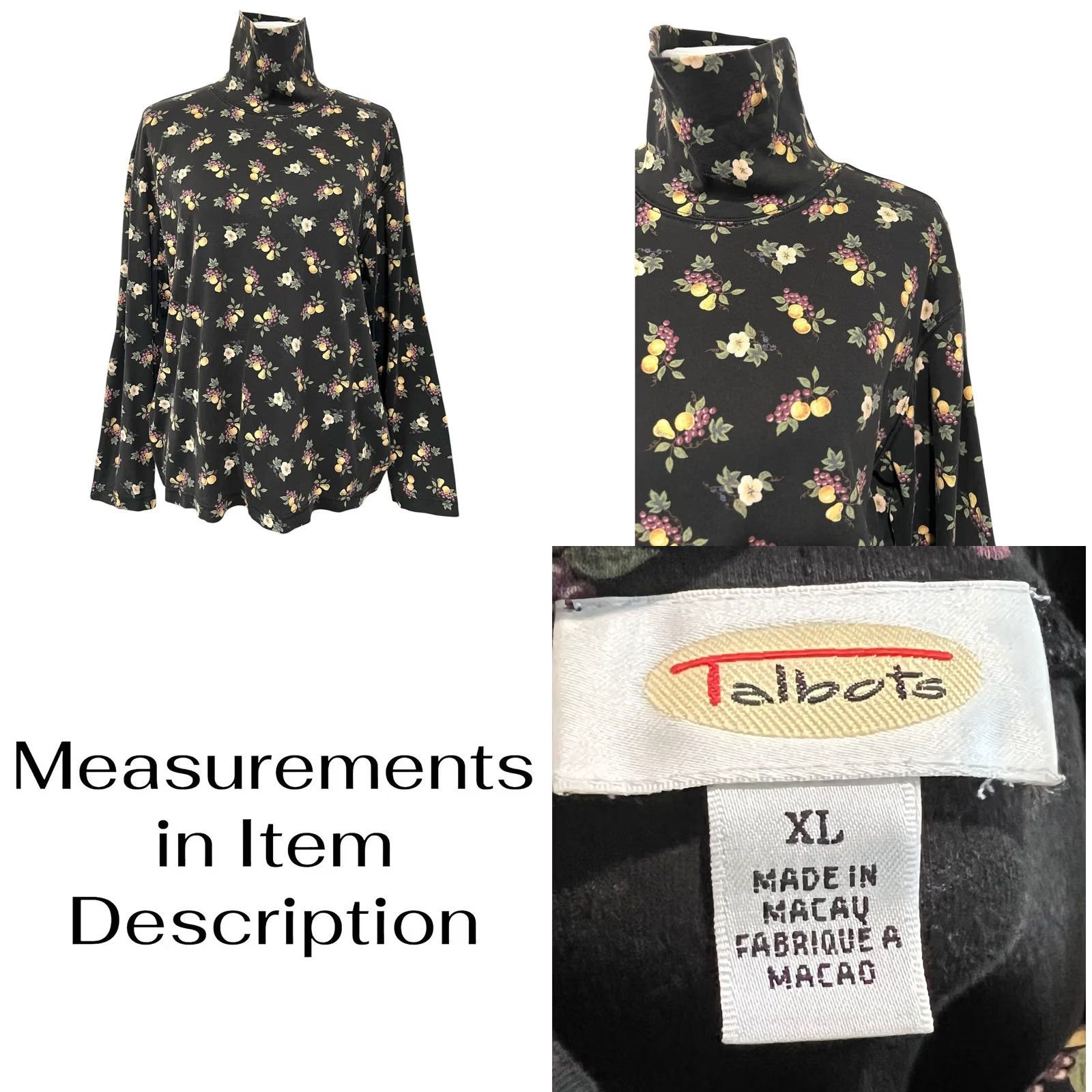 Talbots VINTAGE Talbots Fruit & Floral Pattern Turtleneck Women’s XL Black 100% Cotton Blouse Size XL / US 12-14 / IT 48-50 - 8 Thumbnail