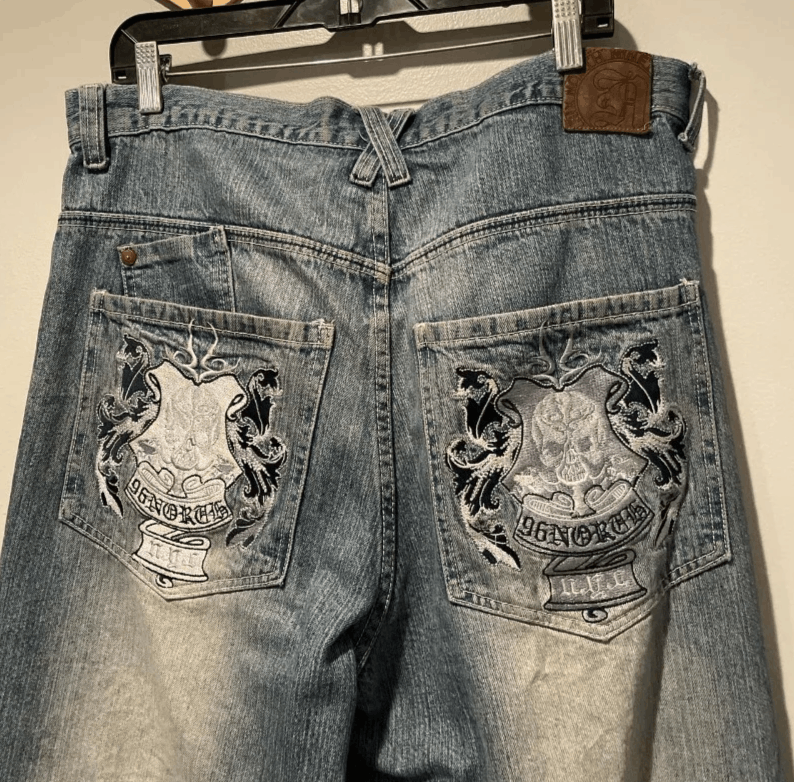 Japanese Brand Skull Embroidered Baggy Jeans Size US 30 / EU 46 - 2 Thumbnail