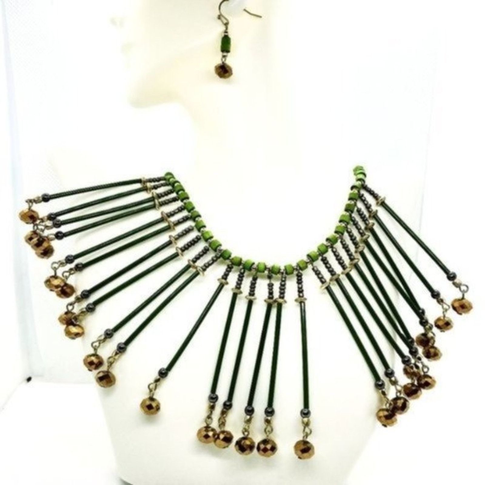 Handmade Green Bronze Wood Bib Style Necklace & Earring set Size ONE SIZE - 1 Thumbnail