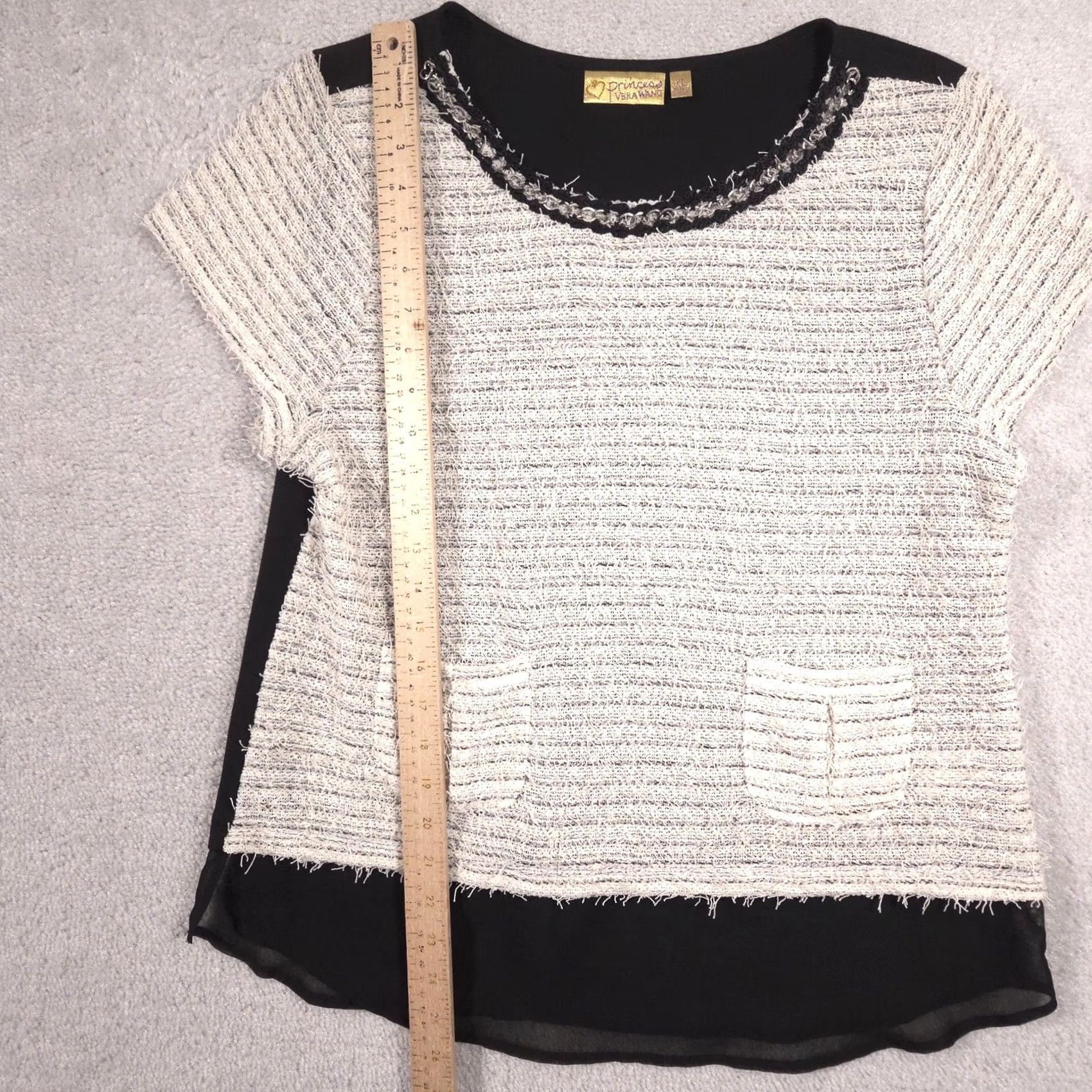 Vintage Princess Vera Wang Shirt Juniors XL Black Tweed Stripe Beaded Short Sleeve Top Size XL / US 12-14 / IT 48-50 - 6 Thumbnail