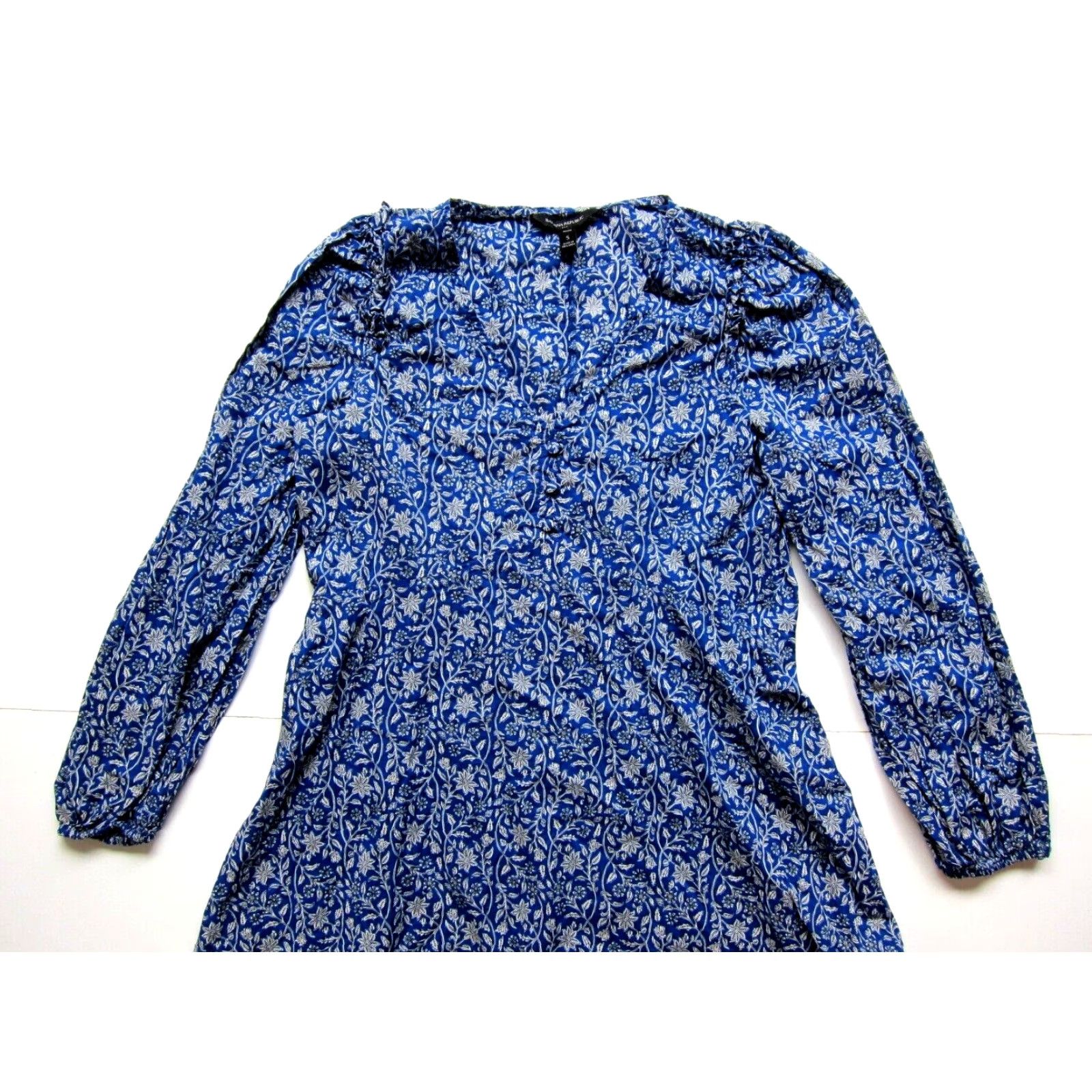 Banana Republic Banana Republic Cotton Blue White Floral V-Neck Long Sleeve Tunic Dress Small Size S / US 4 / IT 40 - 4 Thumbnail