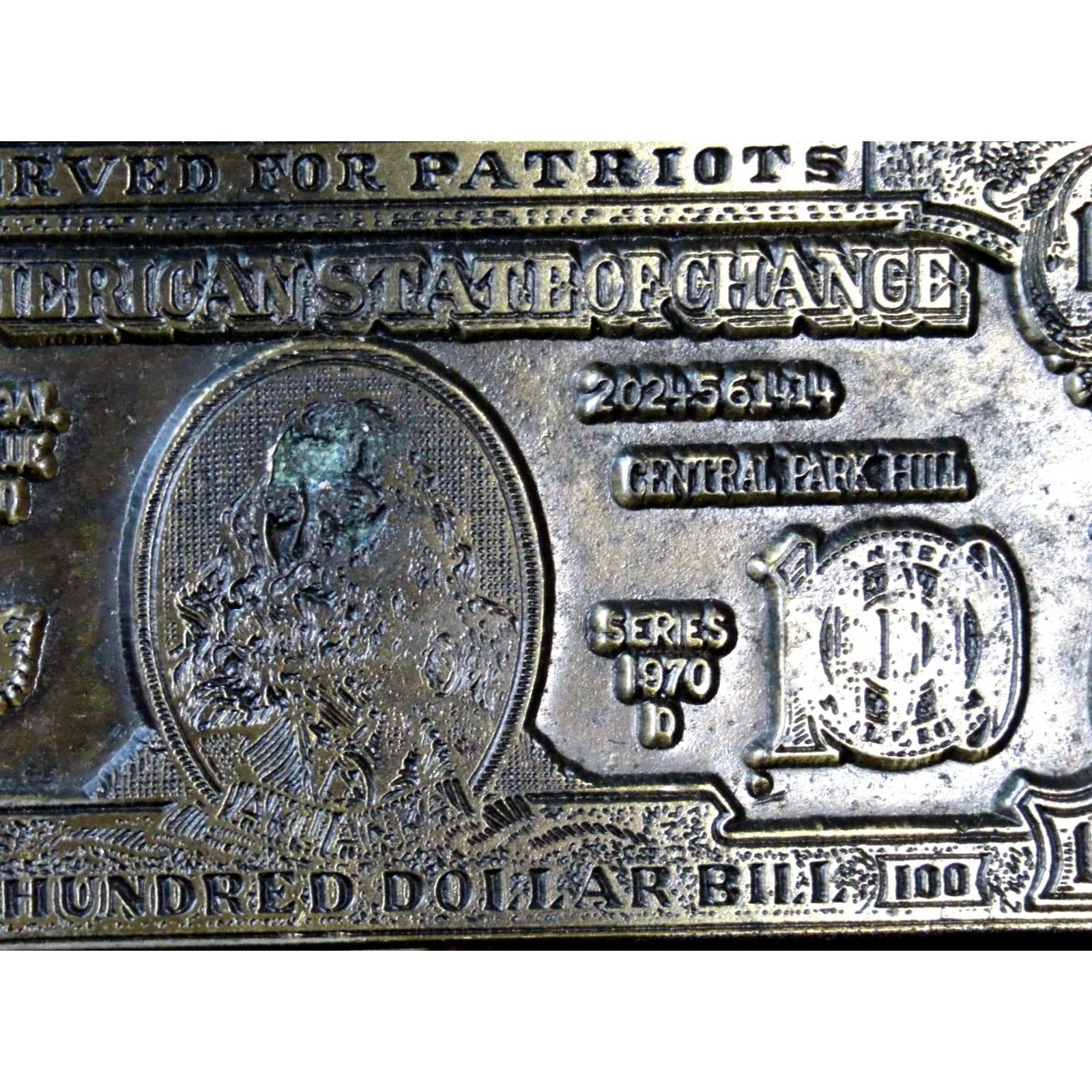 Vintage VINTAGE Lewis Buckle Co. Reserved For Patriots 100 Dollar Bill 1974 Belt Buckle Belt Buckle Adult Unisex Bronze 1970s Flags & Political Mens Womens Size ONE SIZE - 5 Thumbnail