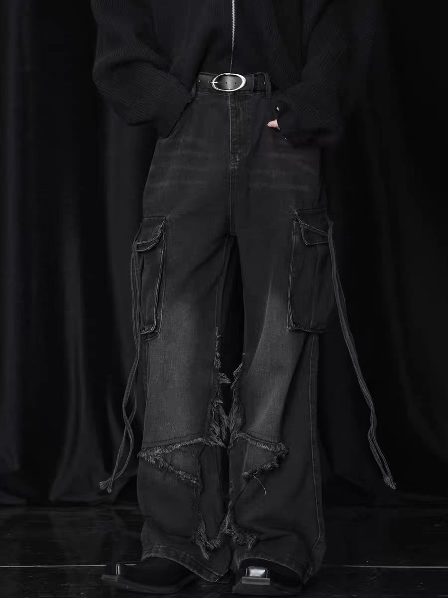 Vintage Raw Hem Design Wide Leg Baggy Jeans