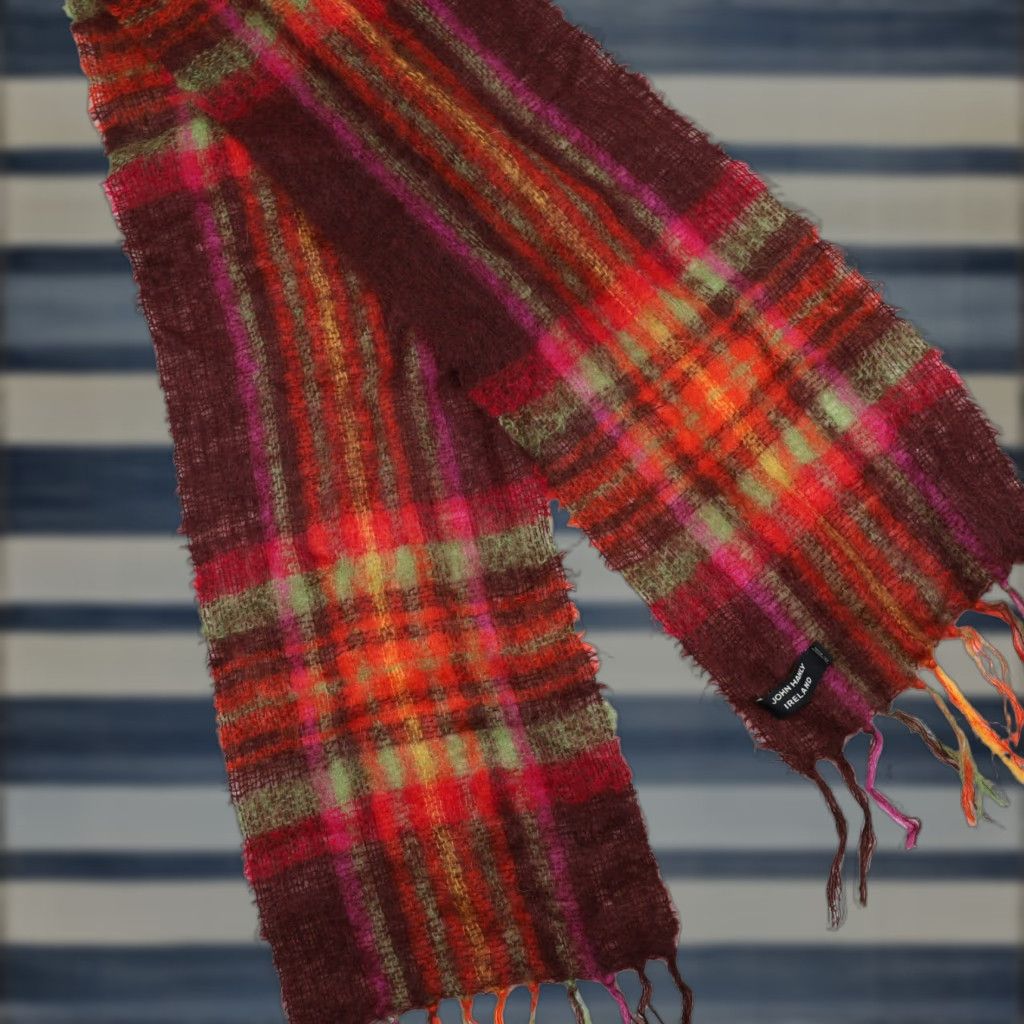 Vintage John Hanly Ireland Mohair Wool Blend Scarf Mens Multicolor 72″x10″ Scarf