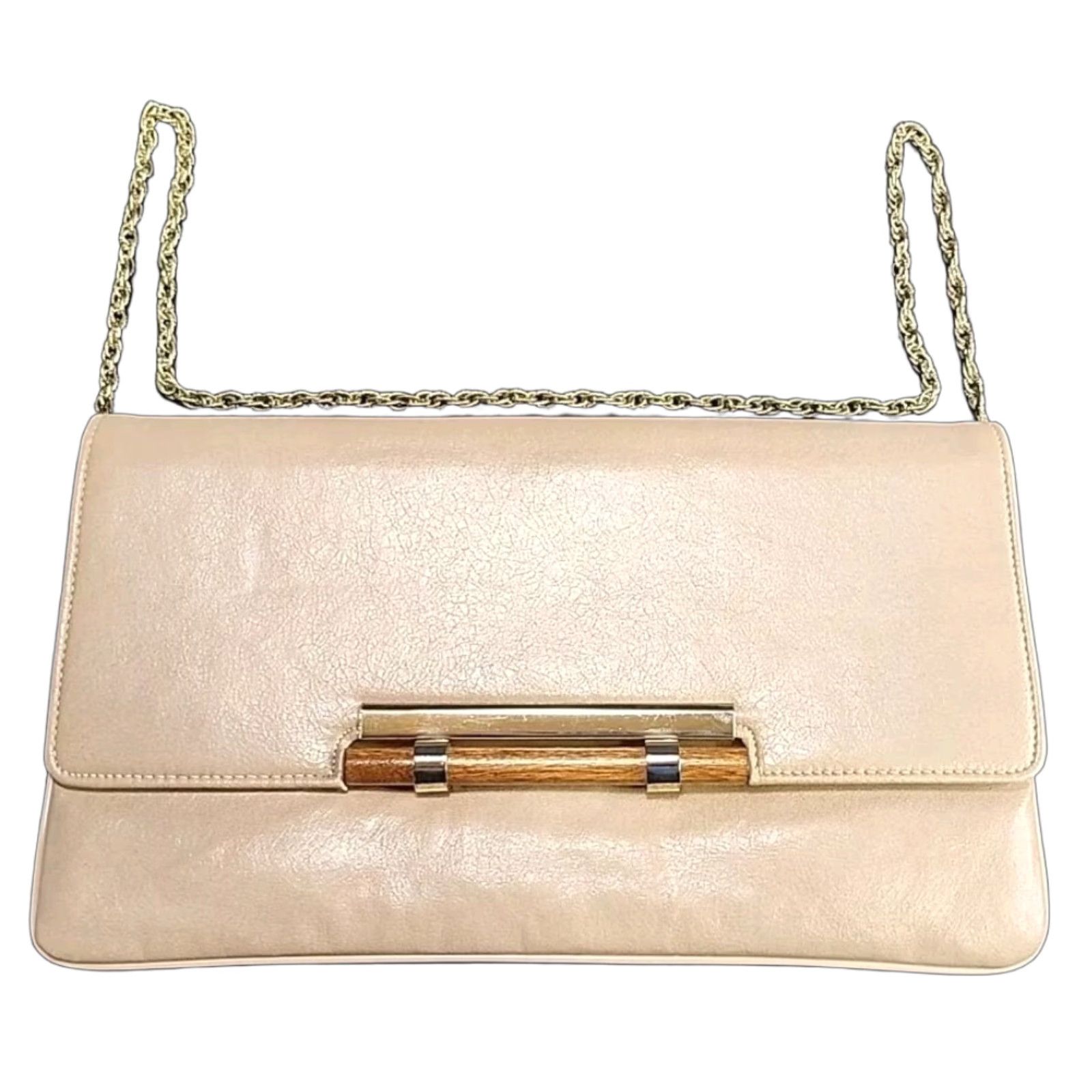 Vintage VINTAGE Mardane Tan Genuine Leather Clutch Gold Purse Chain USA Wood Handle 11x6.5x1 Size ONE SIZE - 1 Thumbnail