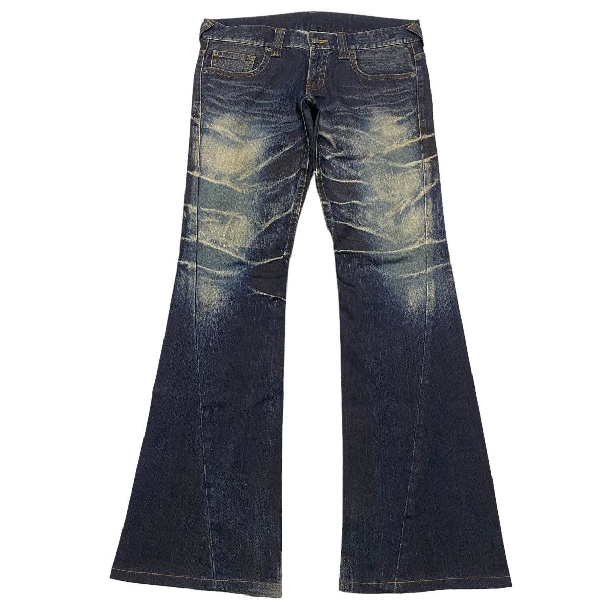 image of Tornado Mart Denim Whiskerer Super Flare Jeans in Indigo Blue, Men's (Size 33)