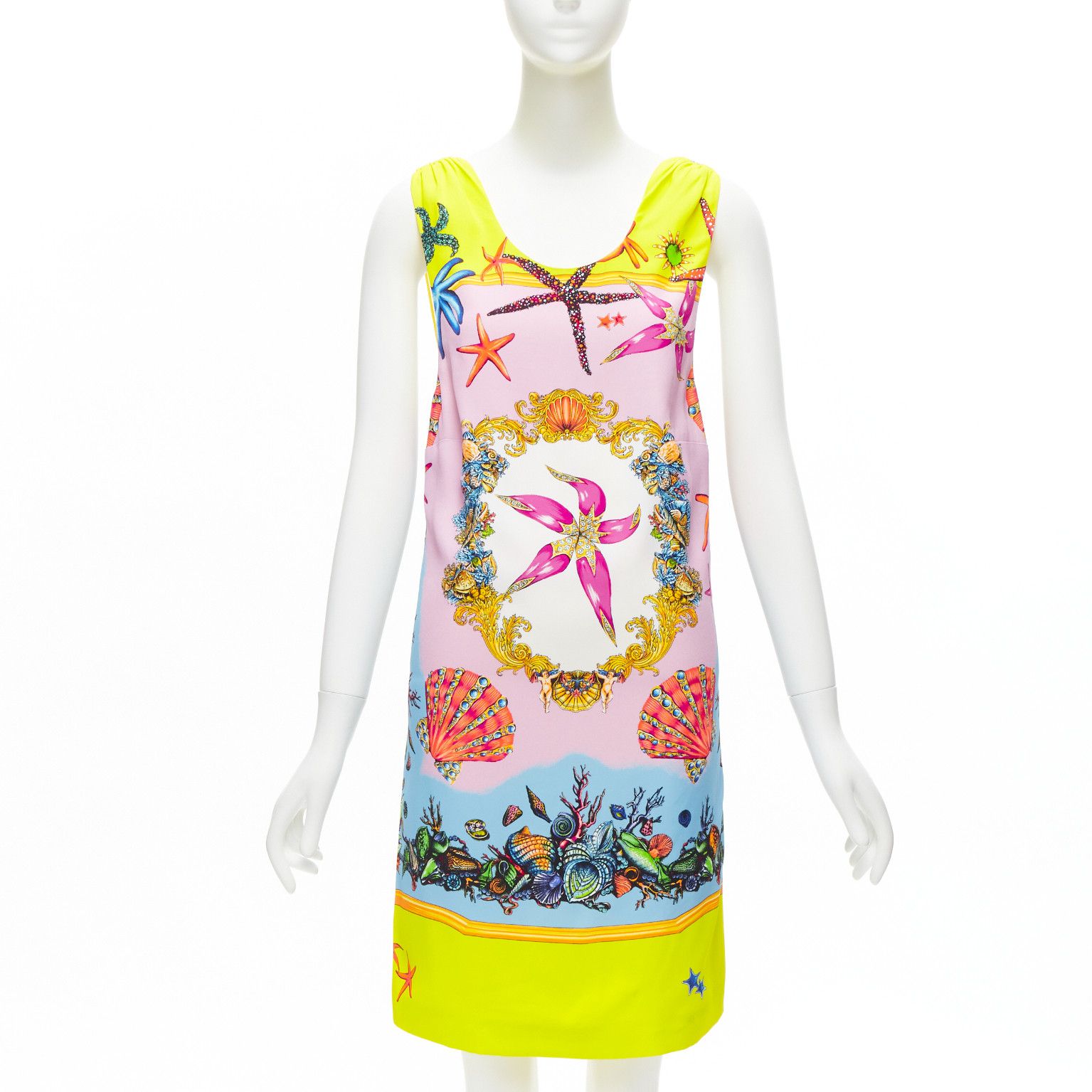 image of Versace 2020 Tresor De La Mer Signature Starfish Print Yellow Dress It38 Xs, Women's