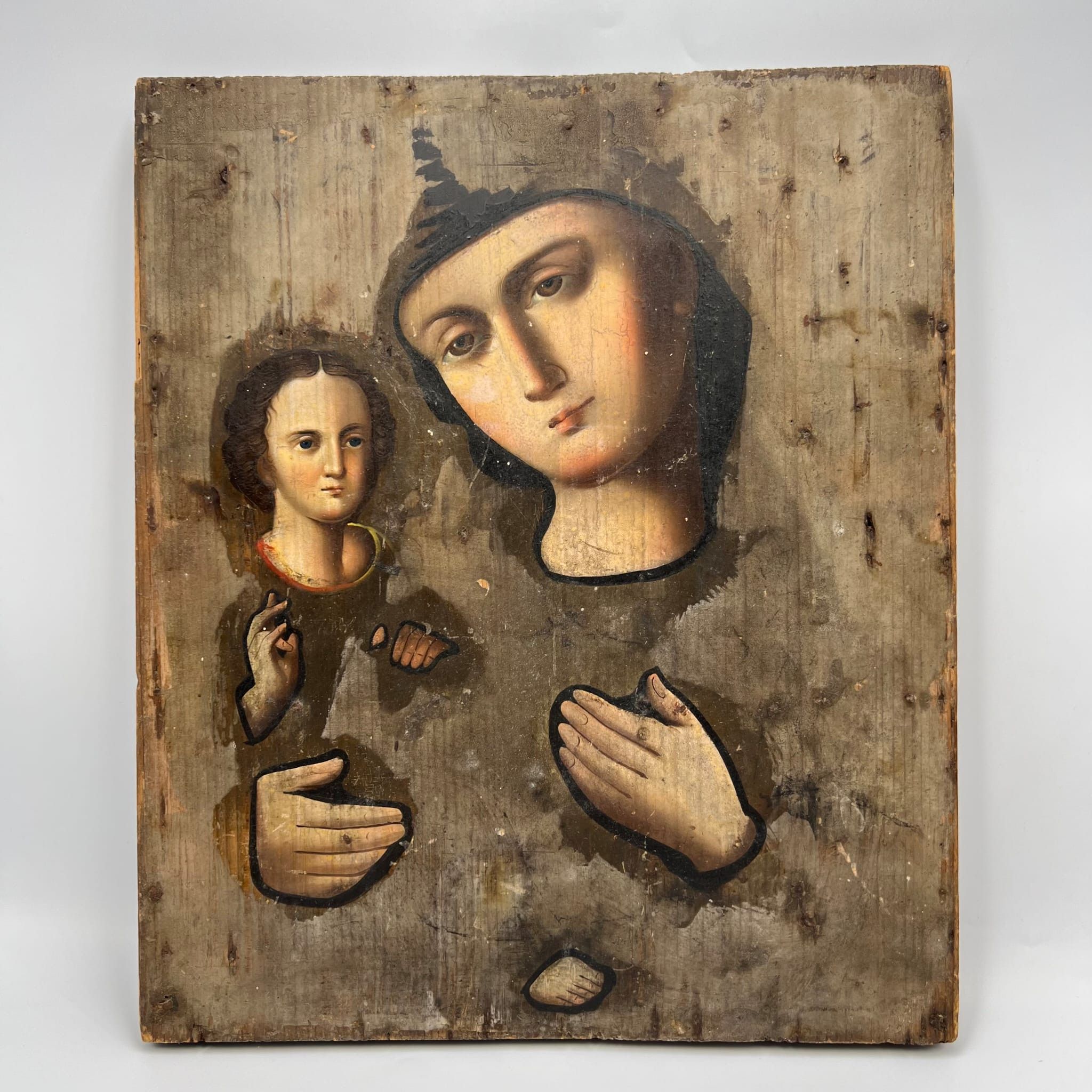 Antique Russian Icon Virgin Mary & Child Hand Painted