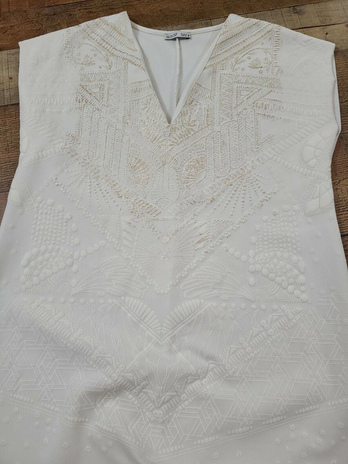 Zara Zara WB Collection Dress Large White Gold V Neck Sheath Ss Size L / US 10 / IT 46 - 2 Thumbnail