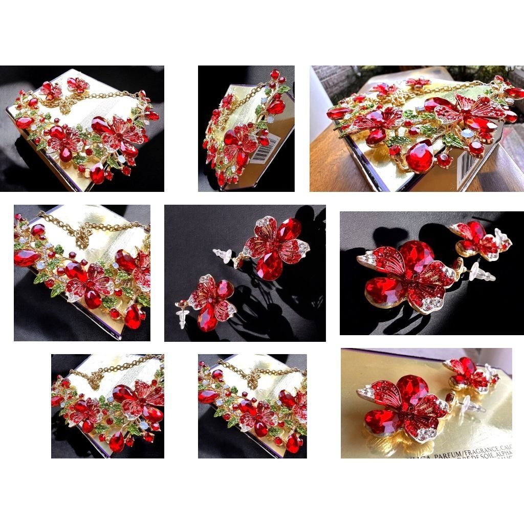 Handmade Red Floral Crystal Necklace Earrings Set New Christmas Jewel Size ONE SIZE - 8 Thumbnail
