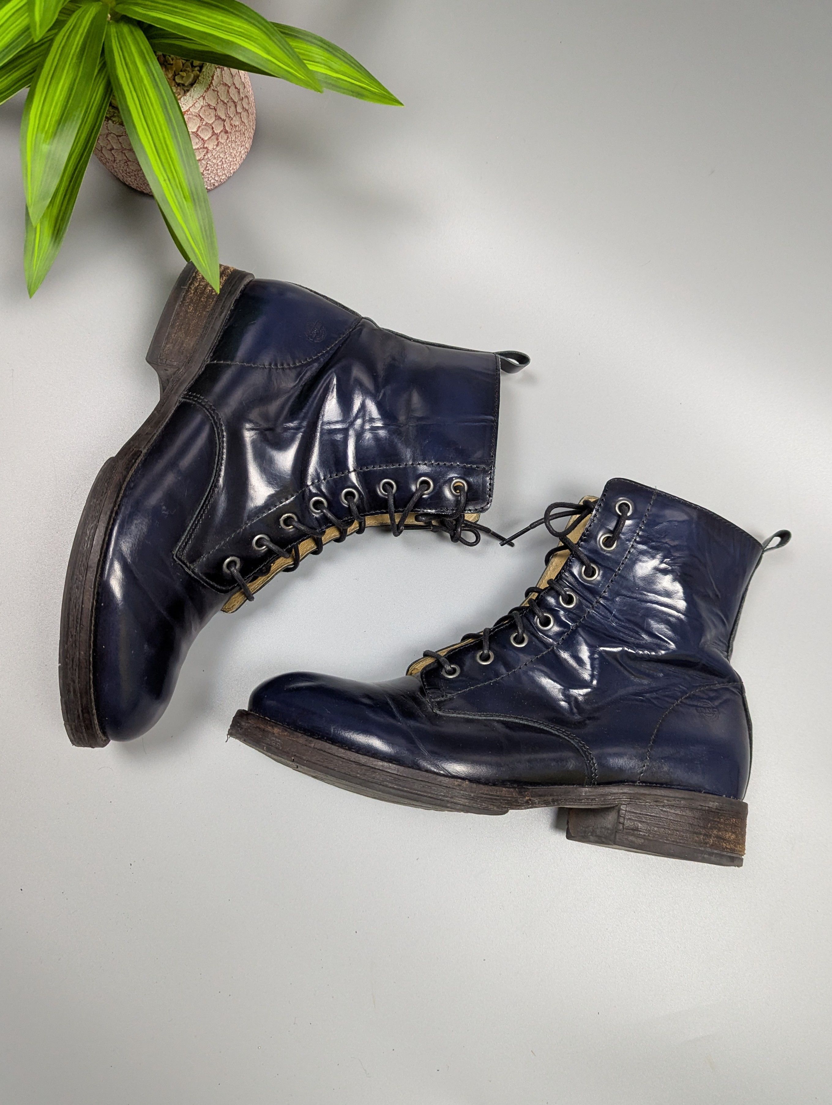 Vintage BRAKO Anatomic Navy Blue Patent Leather Lace-Up Boots Size US 9 / IT 39 - 3 Thumbnail