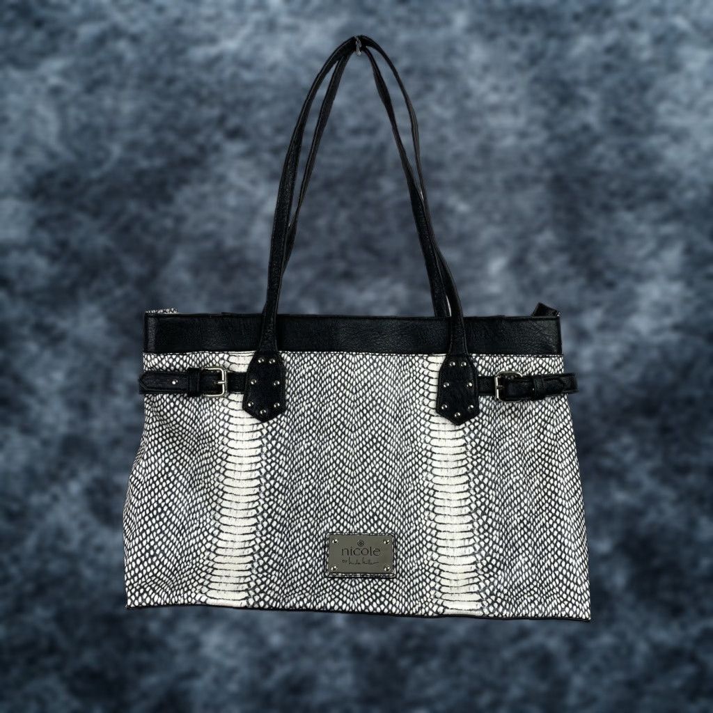 Nicole Miller Nicole Miller Snake Print Purse Black White Double Handles Shoulder Bag Vegan Size ONE SIZE - 1 Thumbnail