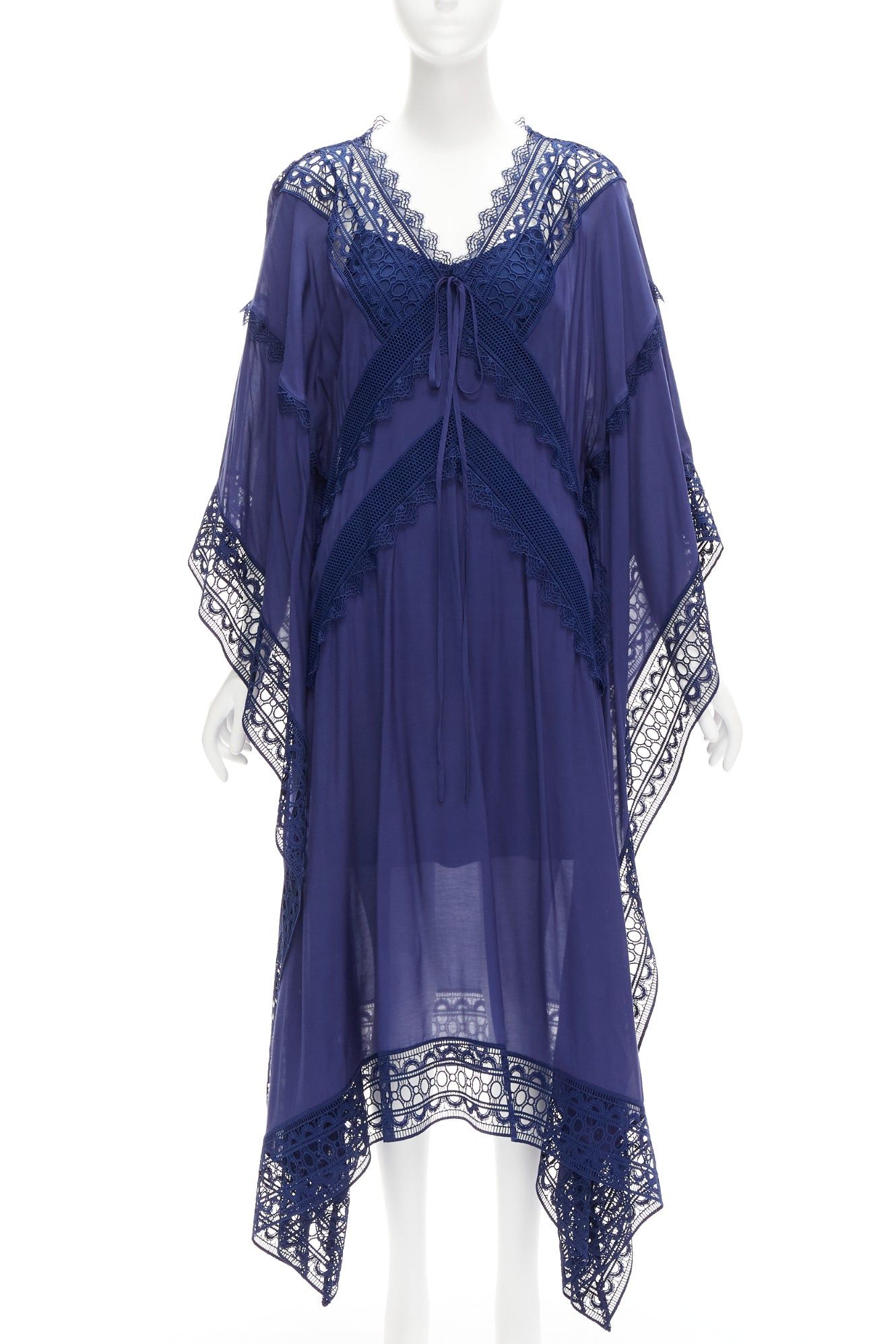 Self-Portrait SELF PORTRAIT blue embroidery anglais tie front midi kaftan dress UK8 S Size S / US 4 / IT 40 - 1 Thumbnail