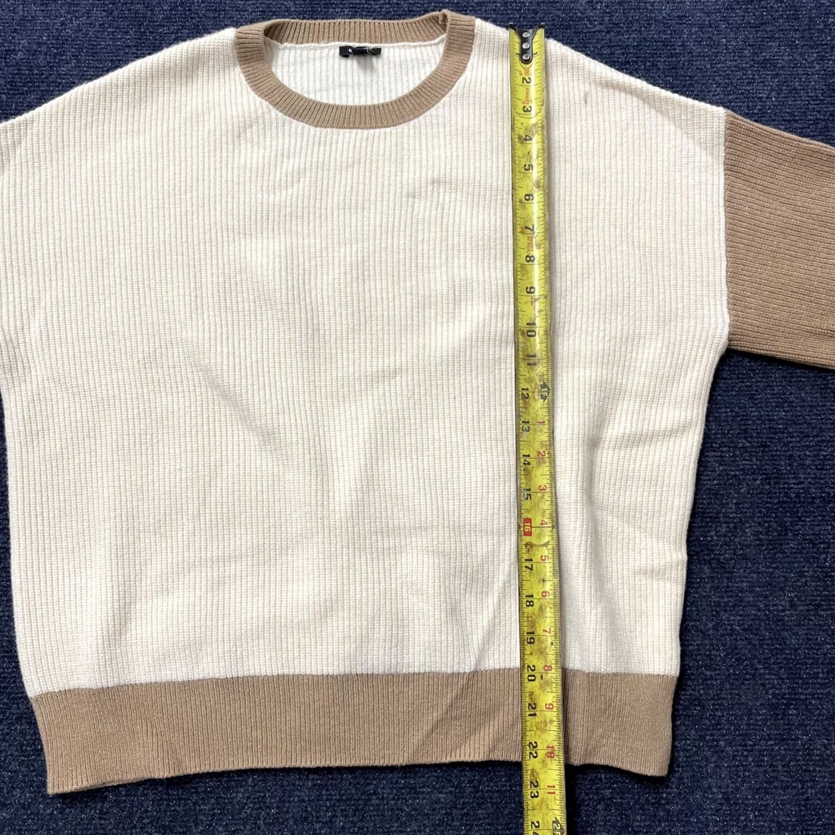 Express Express Sweater Womens Medium White Tan Ribbed Knit Crew Neck Pullover Top Size M / US 6-8 / IT 42-44 - 7 Thumbnail