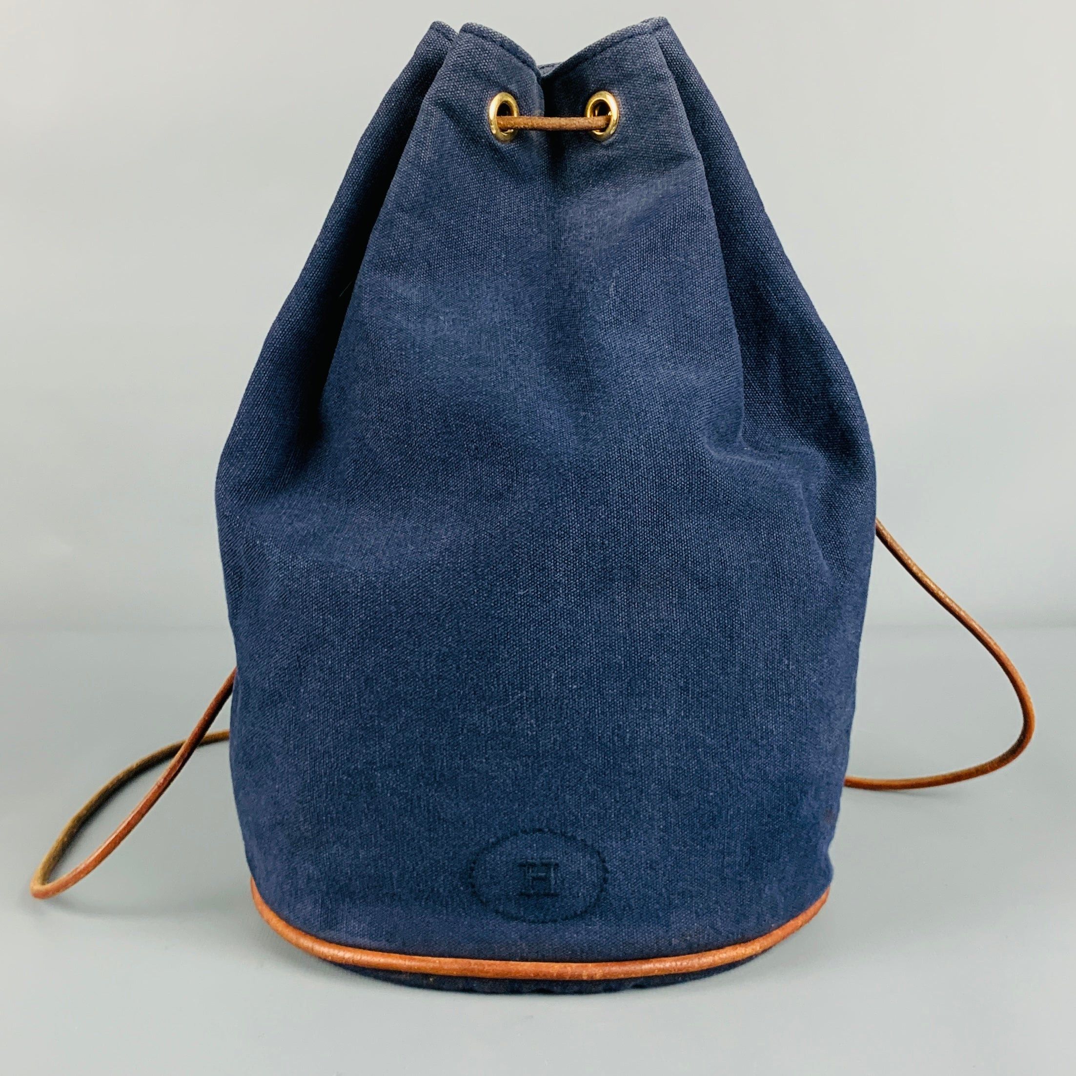 image of Hermes Navy Tan Cotton Leather Drawstring Bucket Bag, Men's