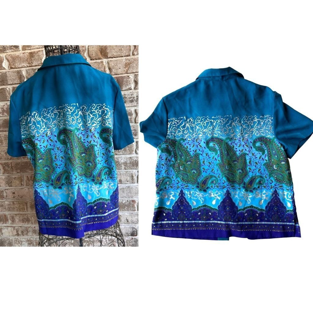 Designer × Vintage VTG Russell Scott Signature Blouse 12 Teal Metallic Silve Size XL / US 12-14 / IT 48-50 - 5 Thumbnail