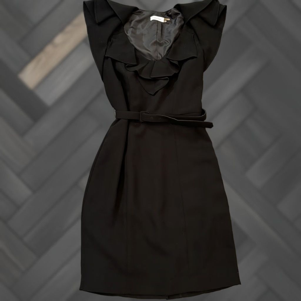 Calvin Klein Calvin Klein Dress Size 4 Ruffled V-Neck Sleeveless Belted Black Casual Shirt Women Midi Dress Belted Ruffle 4 Black CK Women Dresses Size S / US 4 / IT 40 - 1 Thumbnail