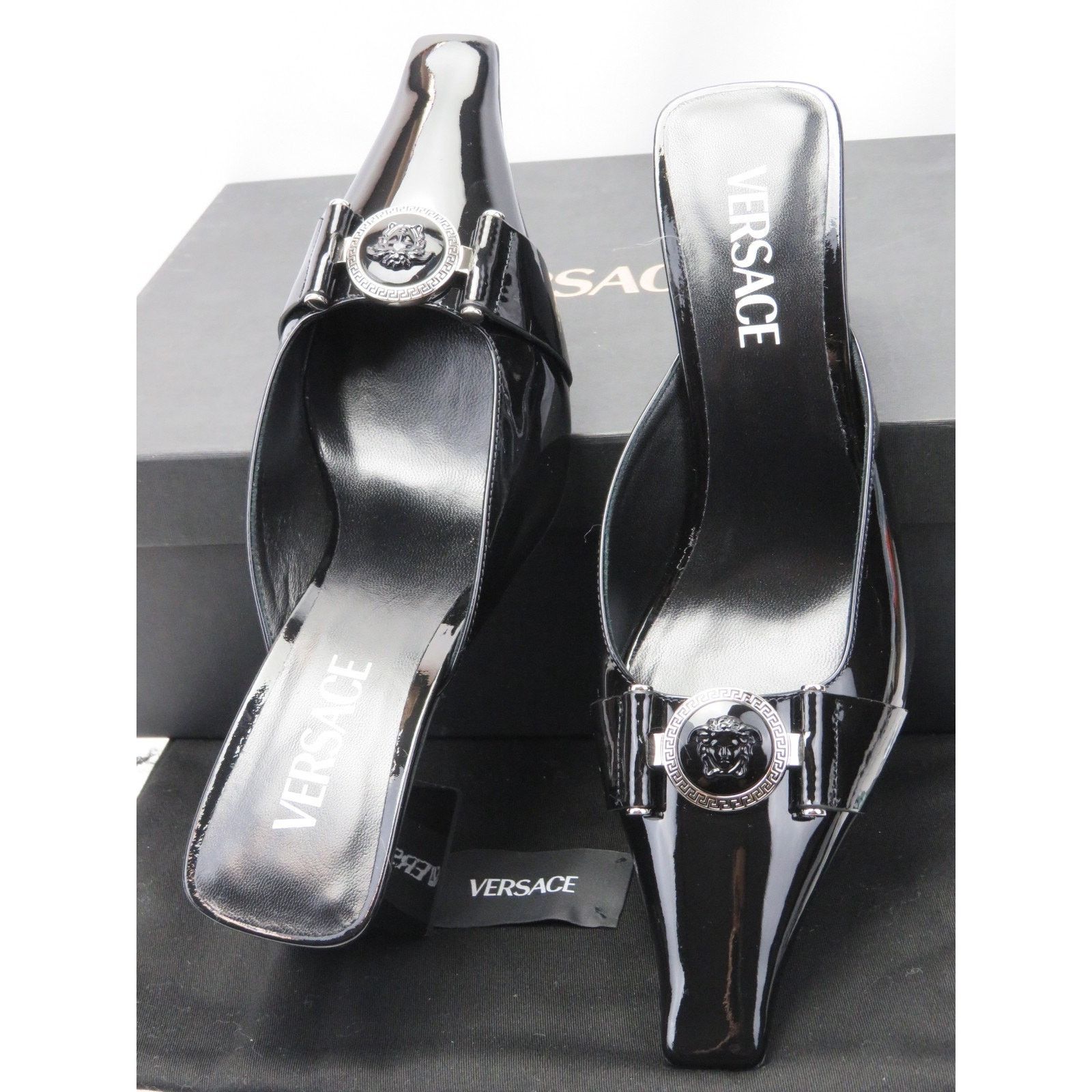 Versace VERSACE BLACK PATENT LEATHER COIN MEDUSA SANDALS PUMPS 37.5 Size US 7.5 / IT 37.5 - 5 Thumbnail
