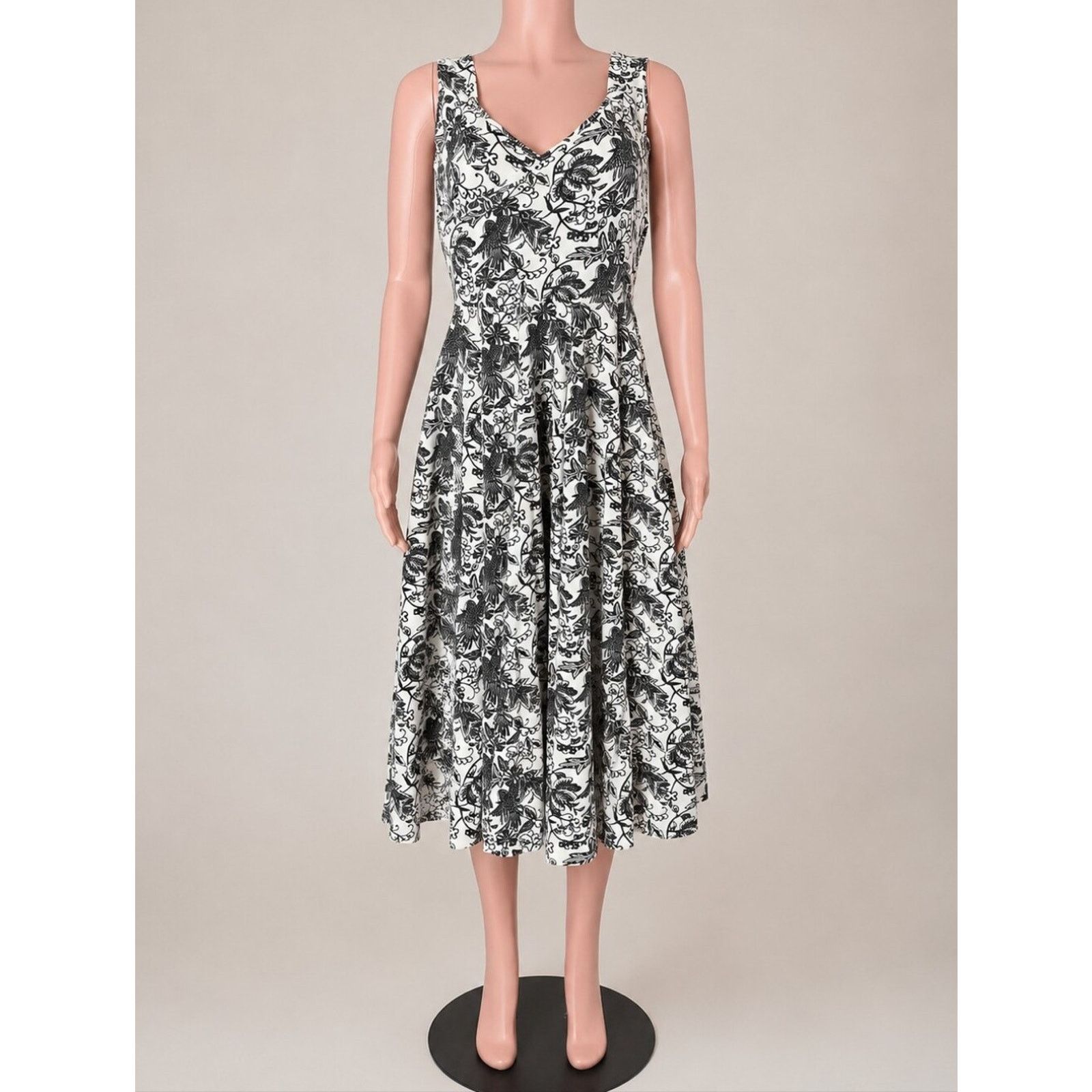 American Retro NWOT Effie's Heart Black & White Floral Bird Midi Dress M Size M / US 6-8 / IT 42-44 - 2 Thumbnail
