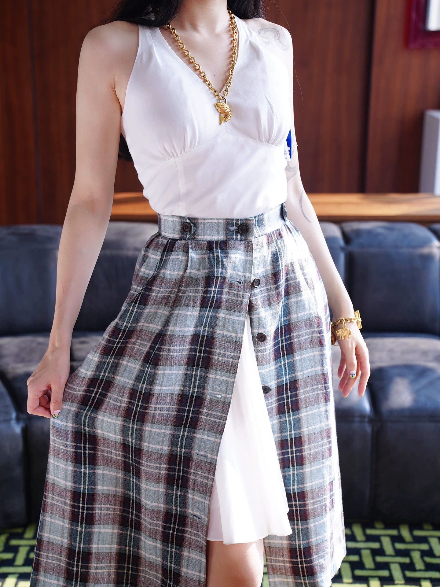 Yves Saint Laurent YSL Vintage Blue Check Linen Skirt Size 26" / US 2 / IT 38 - 4 Thumbnail