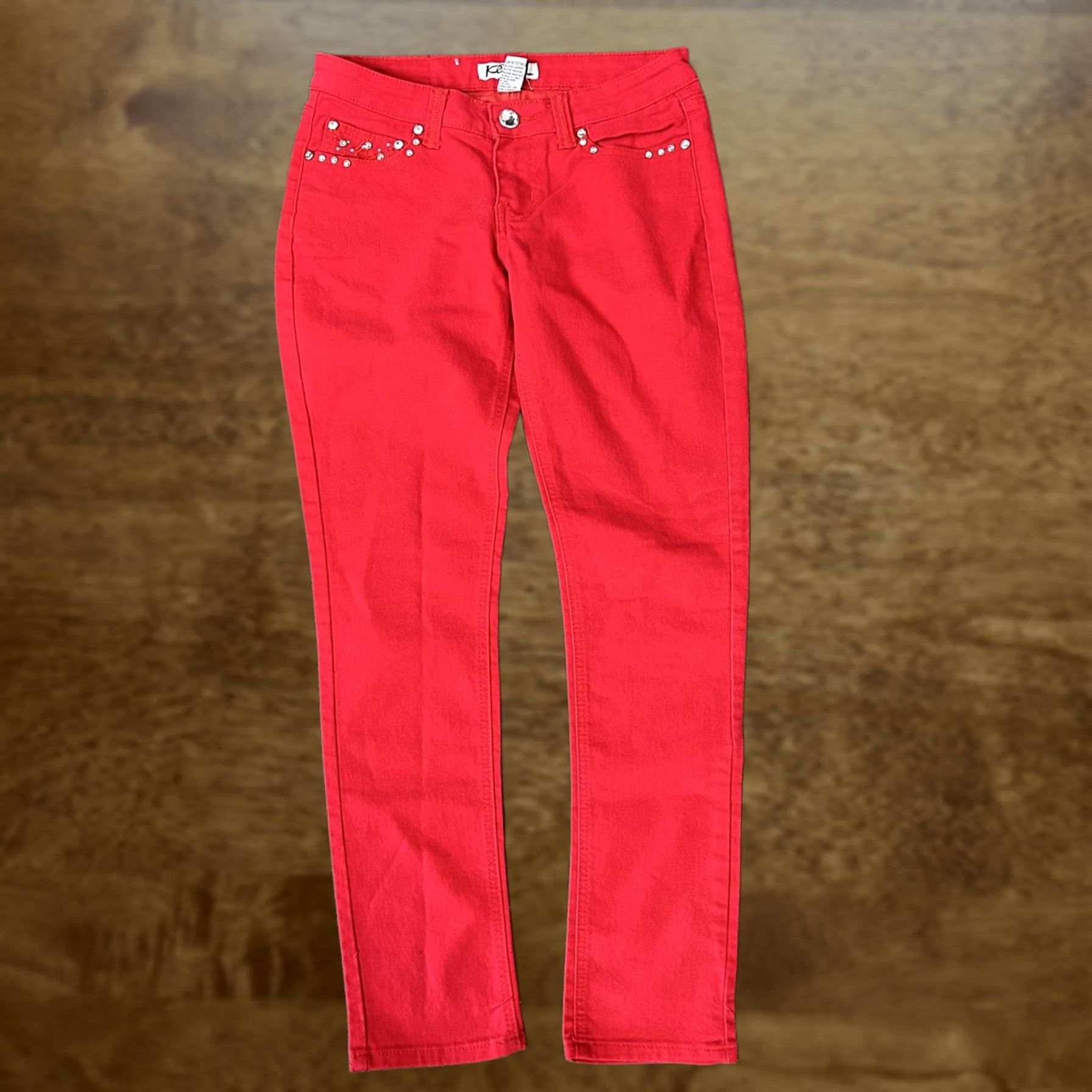 Denime Y2K Klip Jeans Womens 9 Red Mid Rise Skinny Stretch Denim Rhinestone Embroidered Embellished Size 30" / US 8 / IT 44 - 1 Thumbnail